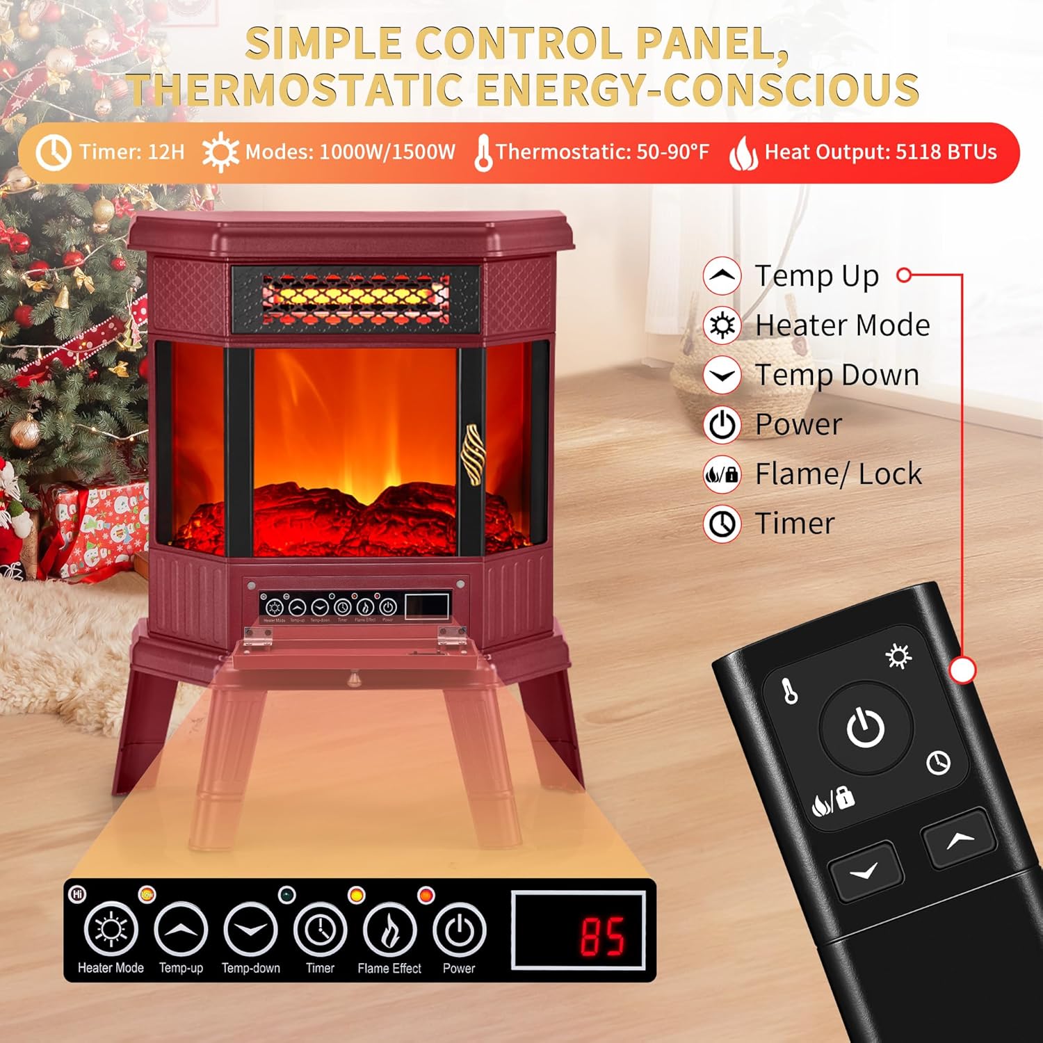 Electric Fireplace Heater 22 in Freestanding Fireplace Stove Infrared Fireplace RealSmart with 3D Flame Effect Remote Control, Timer, Overheating Protection Heater for Indoor Use Black
