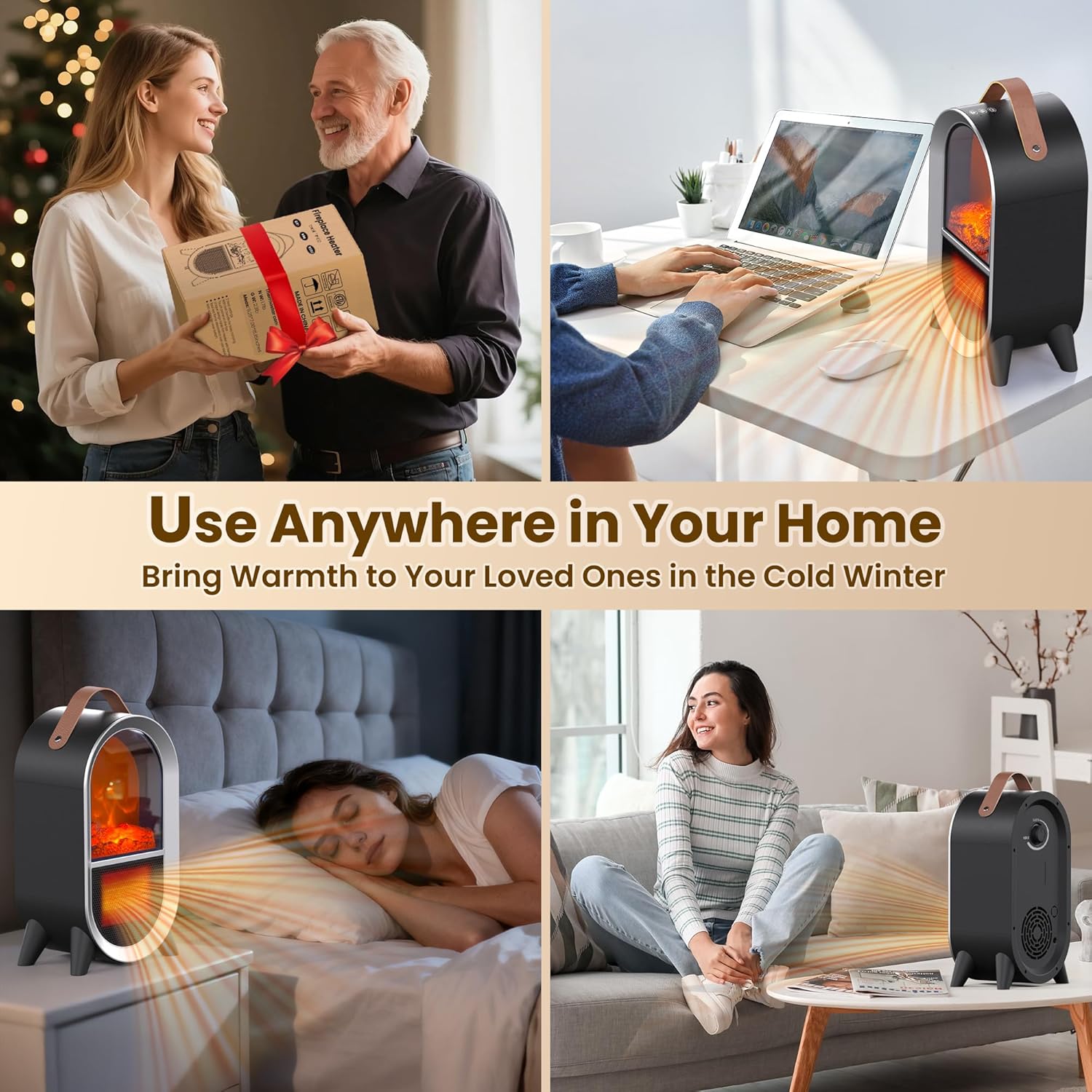 Riseon Portable Electric Fireplace Heater, 1500W/750W Mini Space Heater for Indoor Use with 3D Flame, Thermostat, Carry Handle, Overheat & Tipover Protection, for Home Office Bedroom Desk, Black