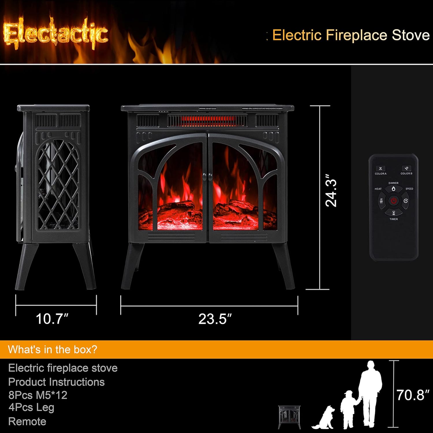 Electactic 24Inch Electric Fireplace Stove , Free-Standing Infrared Fireplace Stove, Controllable 3D Flame, 4 Variable Flame&Log Colors, 1500w, 5100BTU, Black (S230B-BLACK), 23.5L X 10.7W X 24.3H