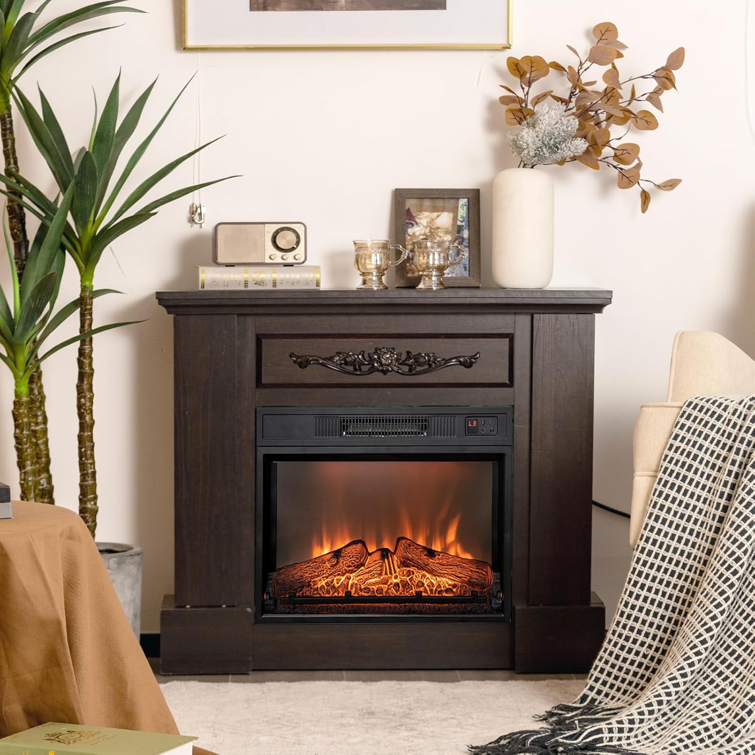 Tangkula 18 Inches Electric Fireplace Insert, Recessed 1400 W Electric Fireplace w/Adjustable Flame & Heat, Built-in Timer & Thermostat, Control Panel & Remote and Overheat Protection, Black