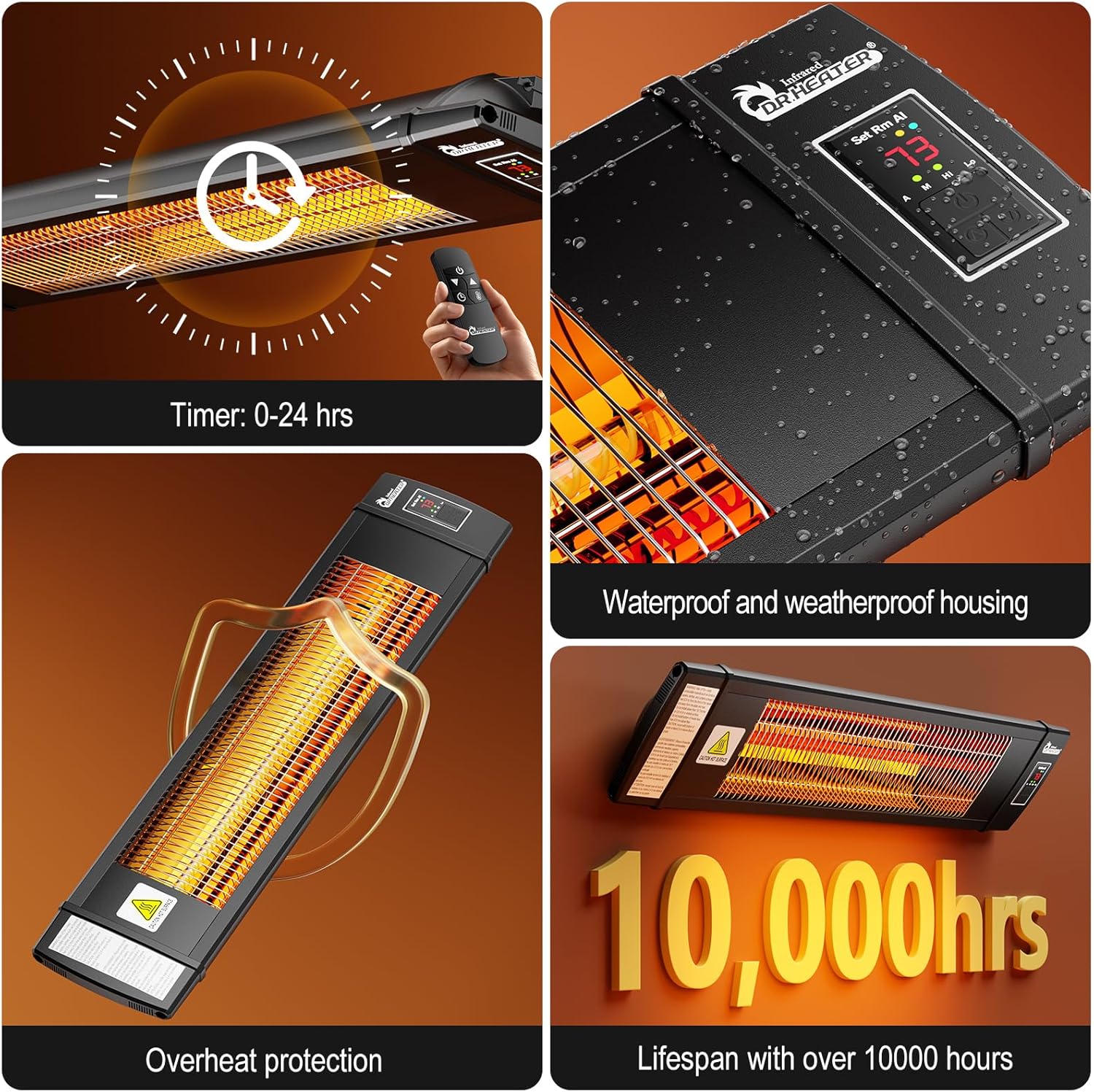 Dr Infrared Heater DR-238 Carbon Infrared Outdoor Heater for Restaurant, Patio, Backyard, Garage, and Decks, Standard, Black