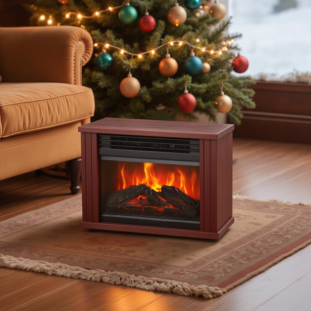 Small Electric Fireplace Heater, LifePlus Mini Wooden Space Tabletop Fireplace with 3D Realistic Flame Effect, Cool and Safe to Touch, Perfect for Study Bedroom Office, Overheating Protection, 1500W