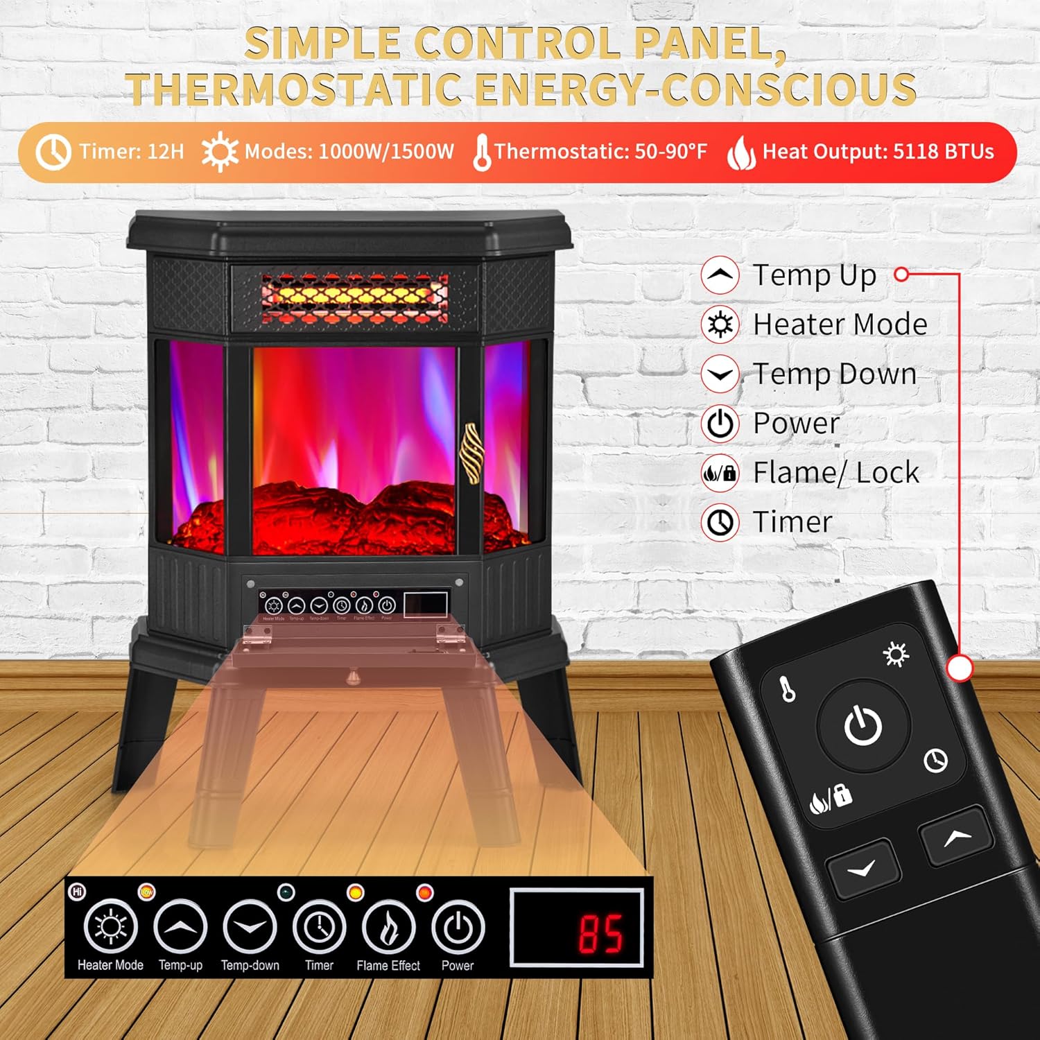 Electric Fireplace Heater 22 in Freestanding Fireplace Stove Infrared Fireplace RealSmart with 3D Flame Effect Remote Control, Timer, Overheating Protection Heater for Indoor Use Black