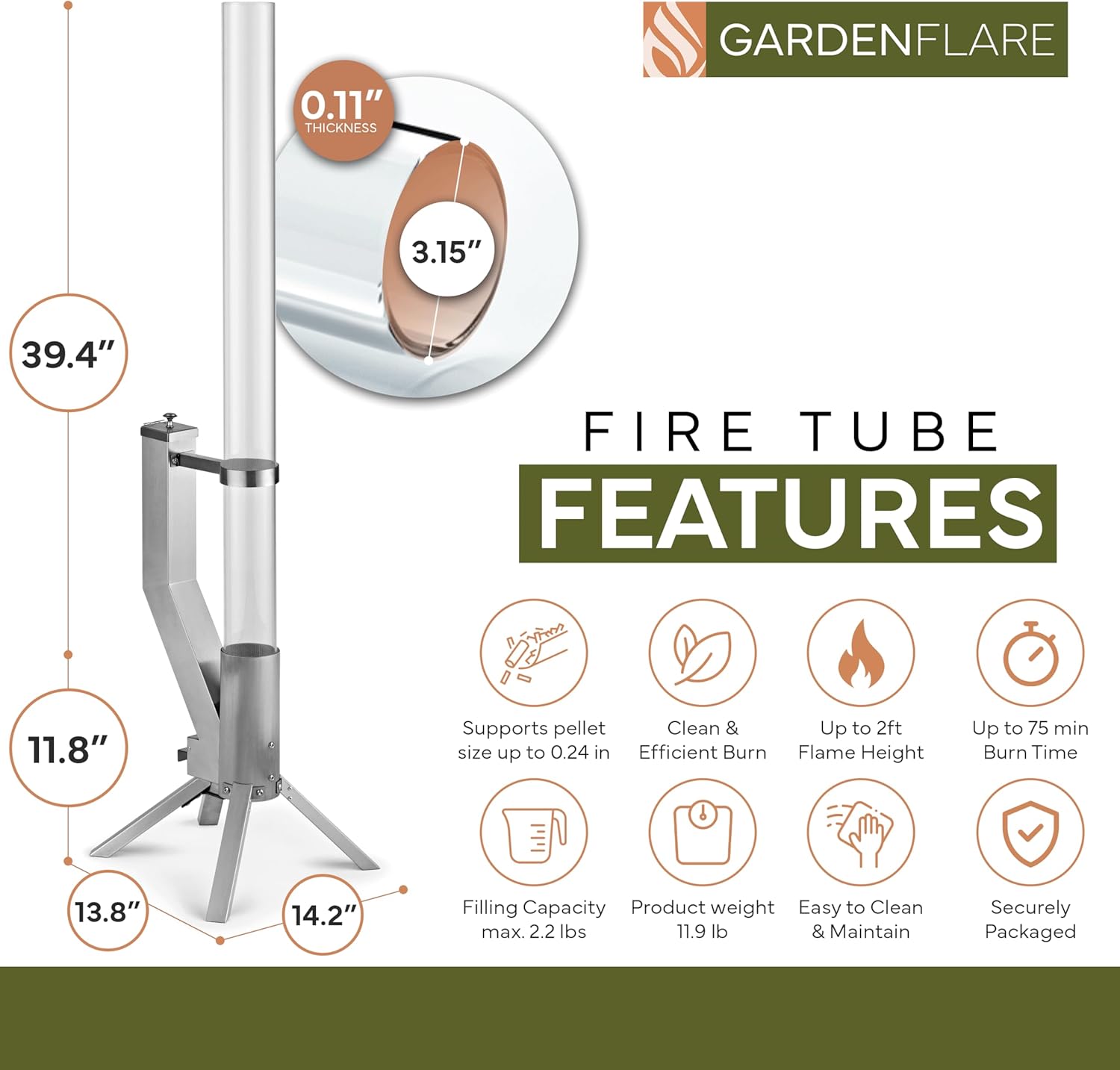 GARDENFLARE Smokeless Fire Pit - Outdoor Wood Pellet Fire Tube Stainless Steel firepit for Ambience Fire on Your Backyard, Patio, Porch & Garden (Matte Black, Classic)