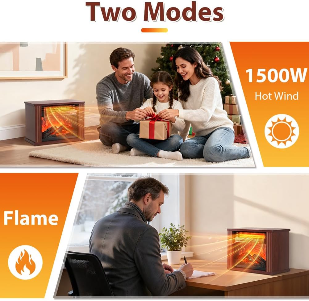 LifePlus Electric Fireplace Heater, Portable Wood Fireplace Stove with 3D Realistic Dancing Flame Effect, Tabletop Fireplace Space Heater Overheat Protection for Indoor Use Bedroom Office,1500W