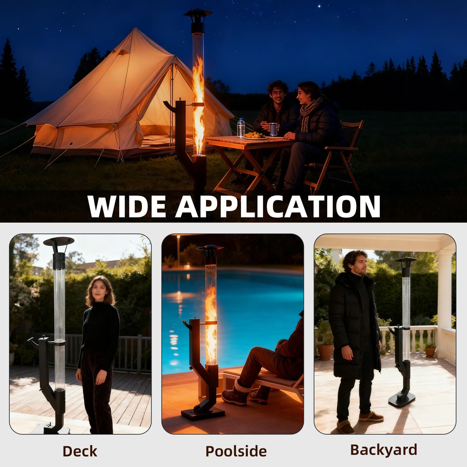 Wood Pellet Patio Pit, Portable Gravity Feed Outdoor Heater with Glass Tube Flame, Smokeless Non-Electric Rocket Pit for Backyard, Deck, Camping & RV (Black) (64 Wheels)