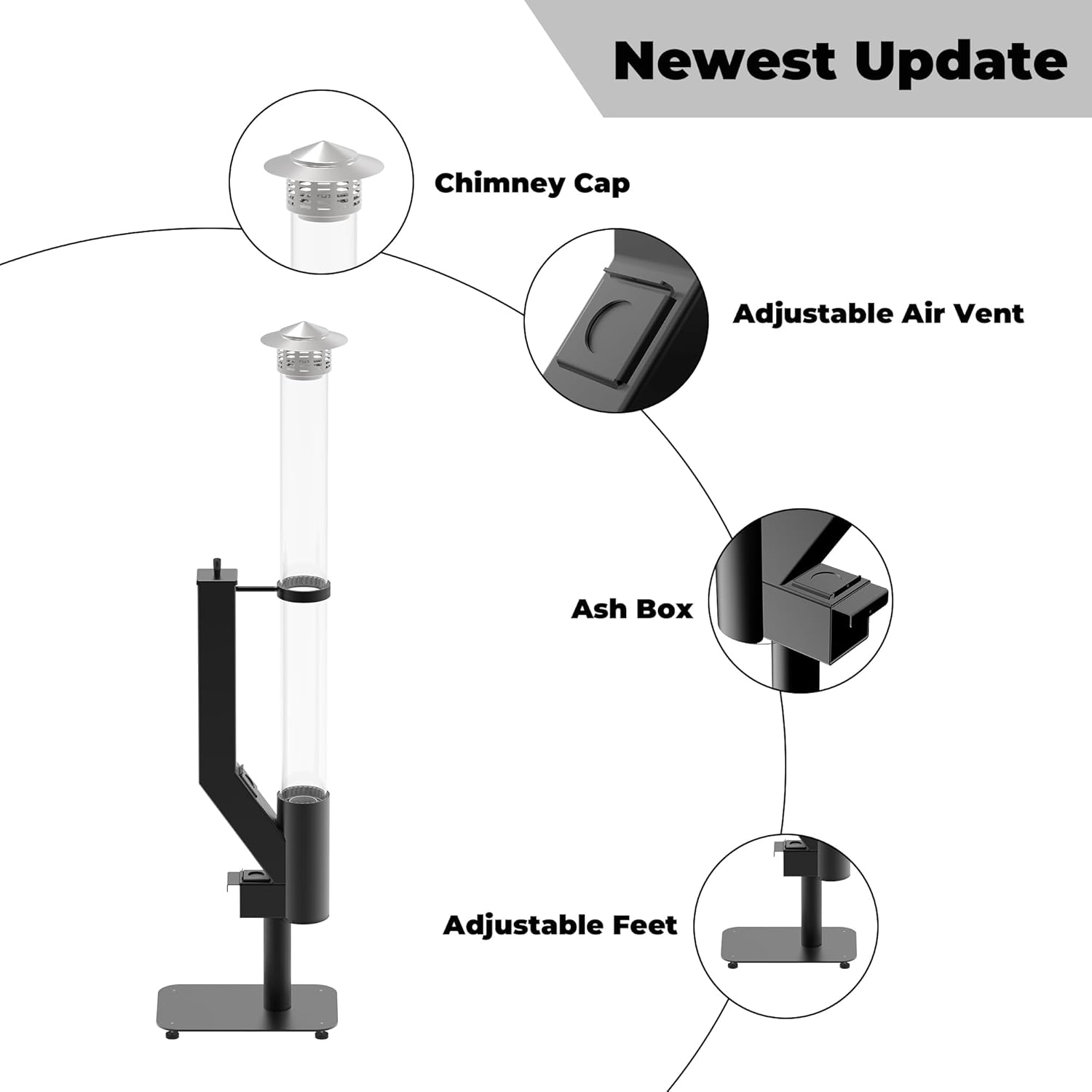 Smokeless Wood Pellet Patio Heater, Spiral Swirling Flame Glass Tube Fire Pit for Patio/Garden/Backyard, Anti-Tip Steel Base with Adjustable Feet, Outdoor Use Only