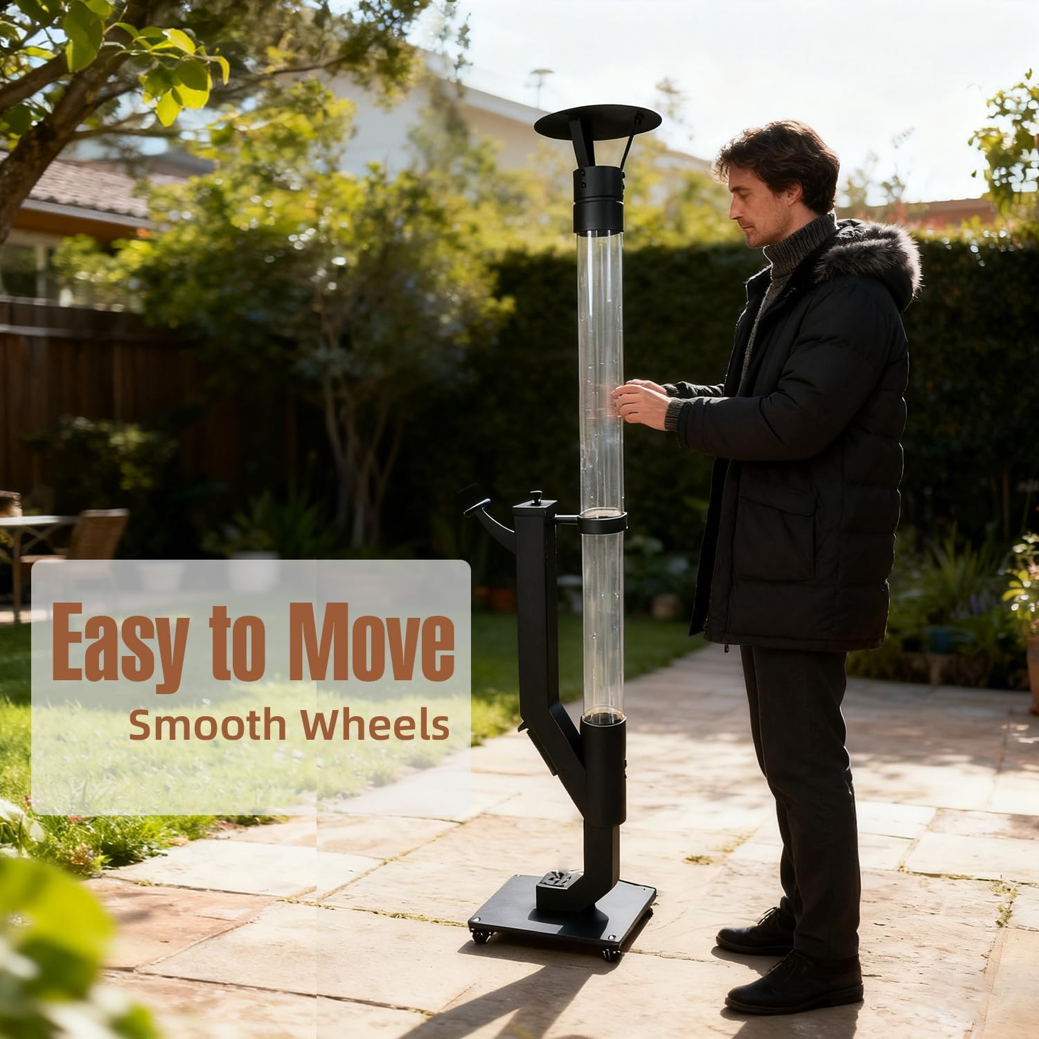 Wood Pellet Patio Pit, Portable Gravity Feed Outdoor Heater with Glass Tube Flame, Smokeless Non-Electric Rocket Pit for Backyard, Deck, Camping & RV (Black) (64 Wheels)