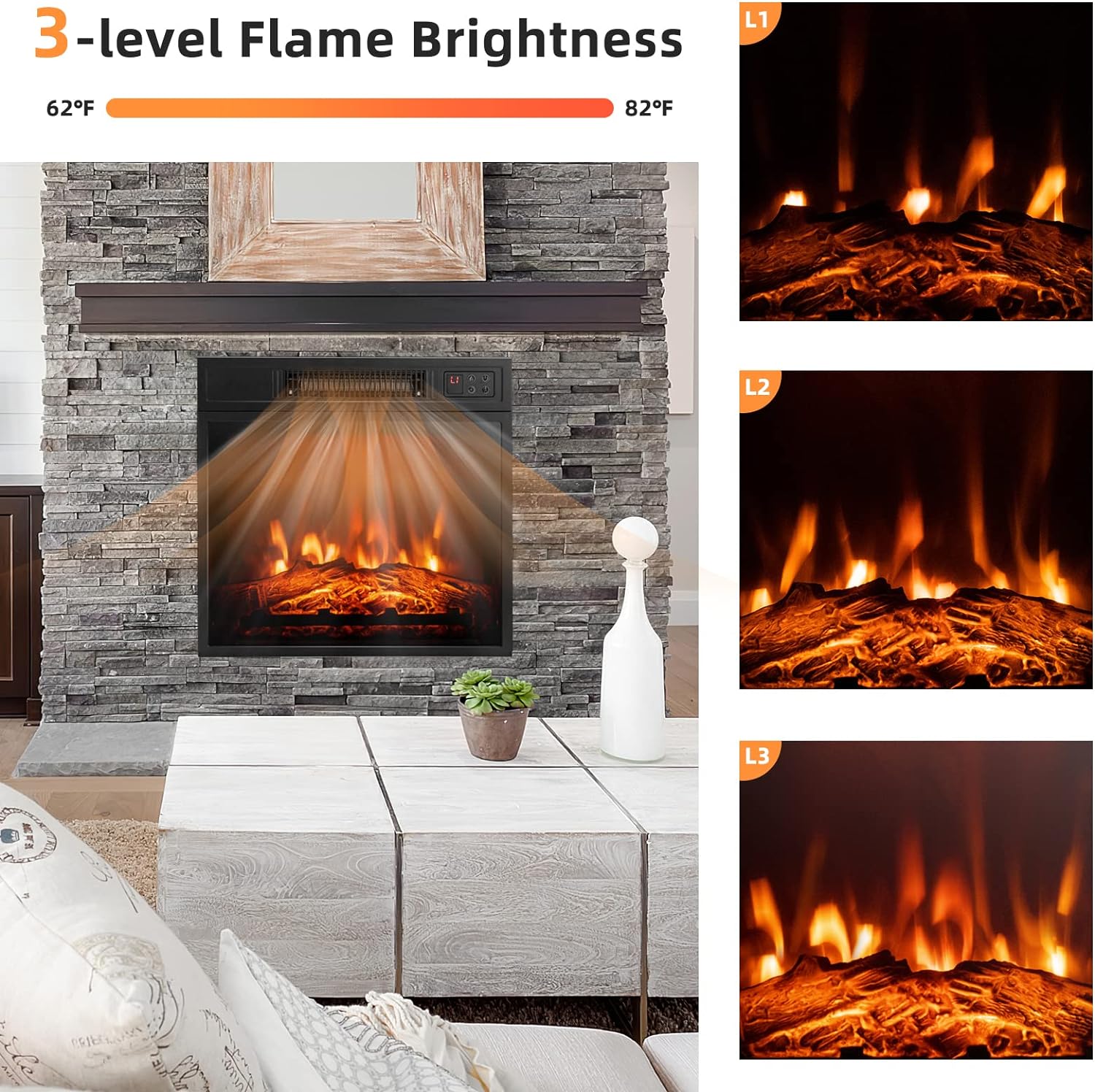 Tangkula 18 Inches Electric Fireplace Insert, Recessed 1400 W Electric Fireplace w/Adjustable Flame & Heat, Built-in Timer & Thermostat, Control Panel & Remote and Overheat Protection, Black