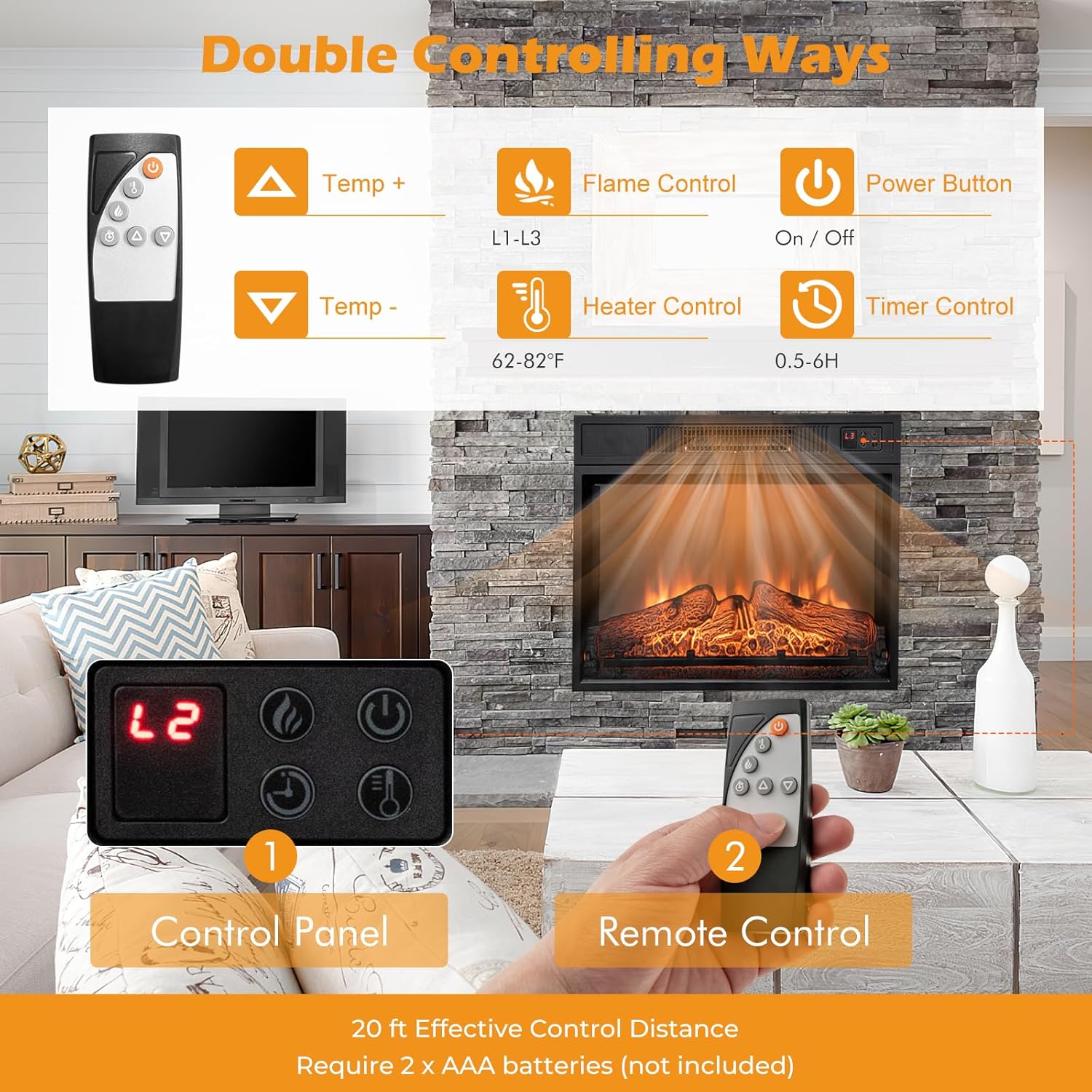 Tangkula 18 Inches Electric Fireplace Insert, Recessed 1400 W Electric Fireplace w/Adjustable Flame & Heat, Built-in Timer & Thermostat, Control Panel & Remote and Overheat Protection, Black