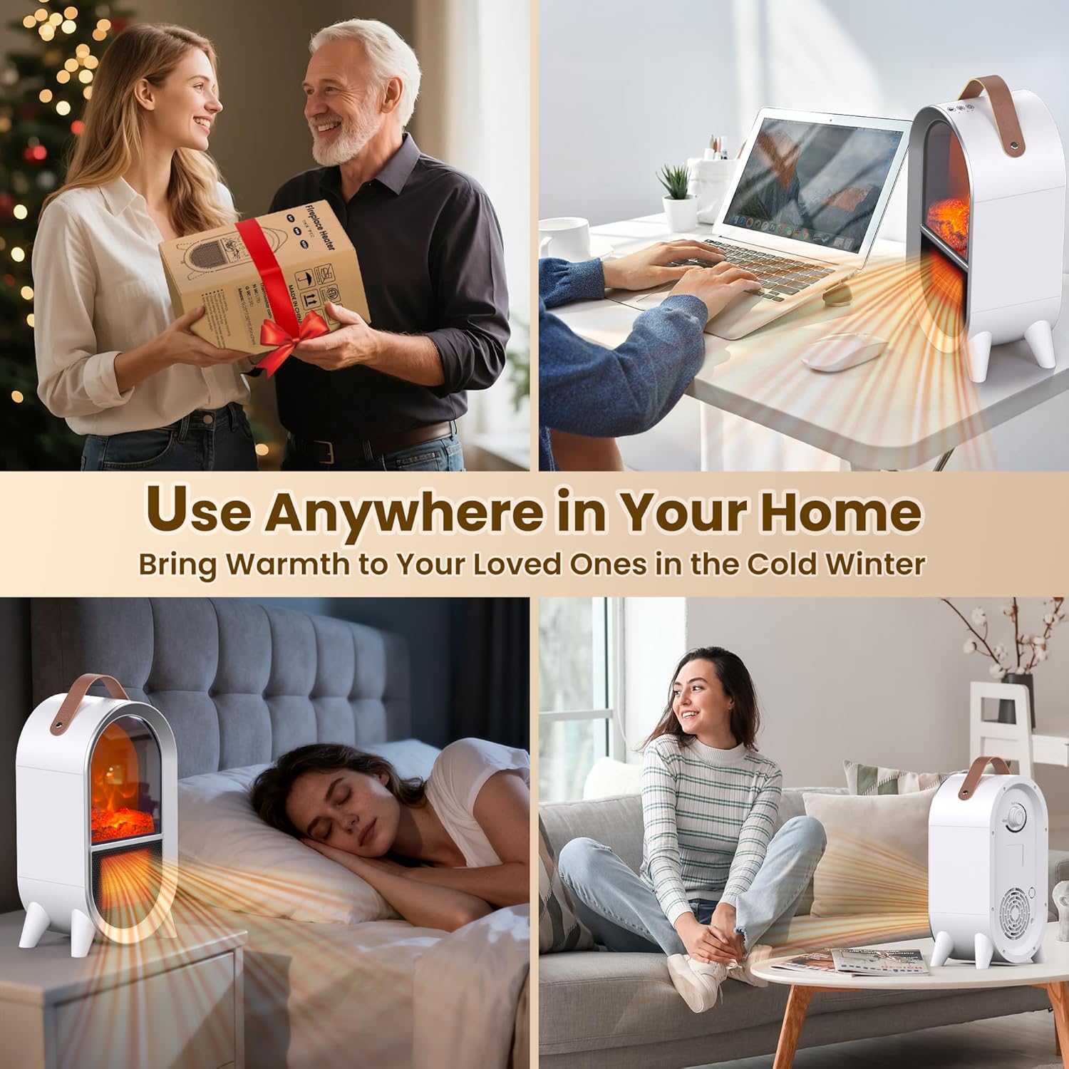 Riseon Portable Electric Fireplace Heater, 1500W/750W Mini Space Heater for Indoor Use with 3D Flame, Thermostat, Carry Handle, Overheat & Tipover Protection, for Home Office Bedroom Desk, Black