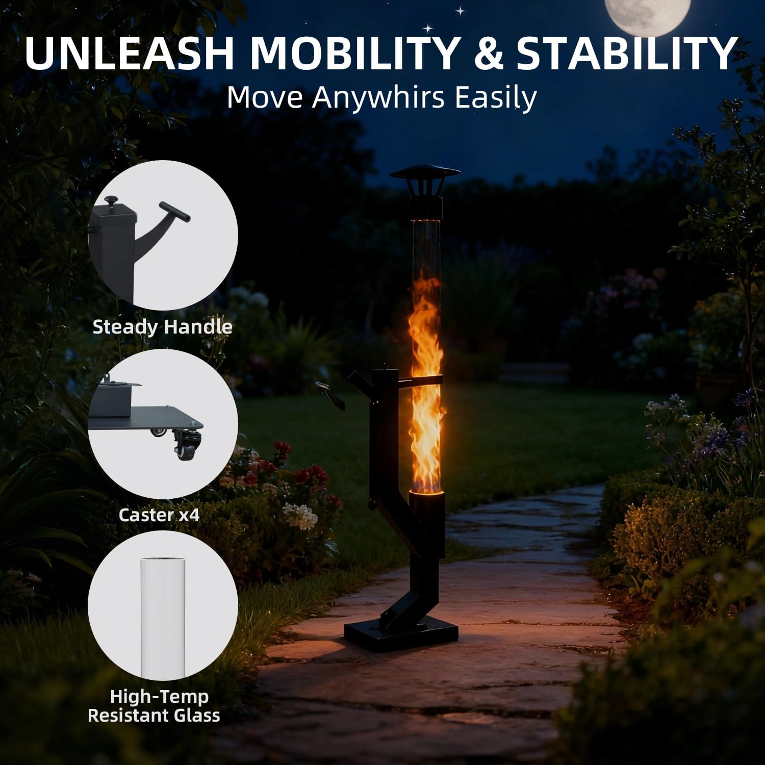 Eco Flame Smokeless Wood Pellet Fire Pit & Patio Heater, Portable Outdoor Rocket Stove with Glass Tube and Ash Tray for Backyard, Camping, Beach, Garden - Stainless Steel Classic