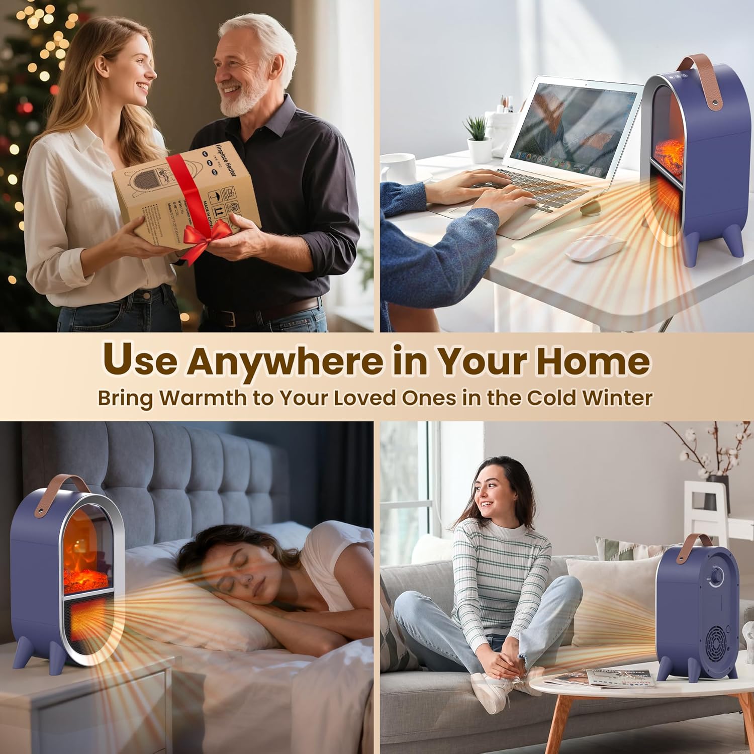 Riseon Portable Electric Fireplace Heater, 1500W/750W Mini Space Heater for Indoor Use with 3D Flame, Thermostat, Carry Handle, Overheat & Tipover Protection, for Home Office Bedroom Desk, Black