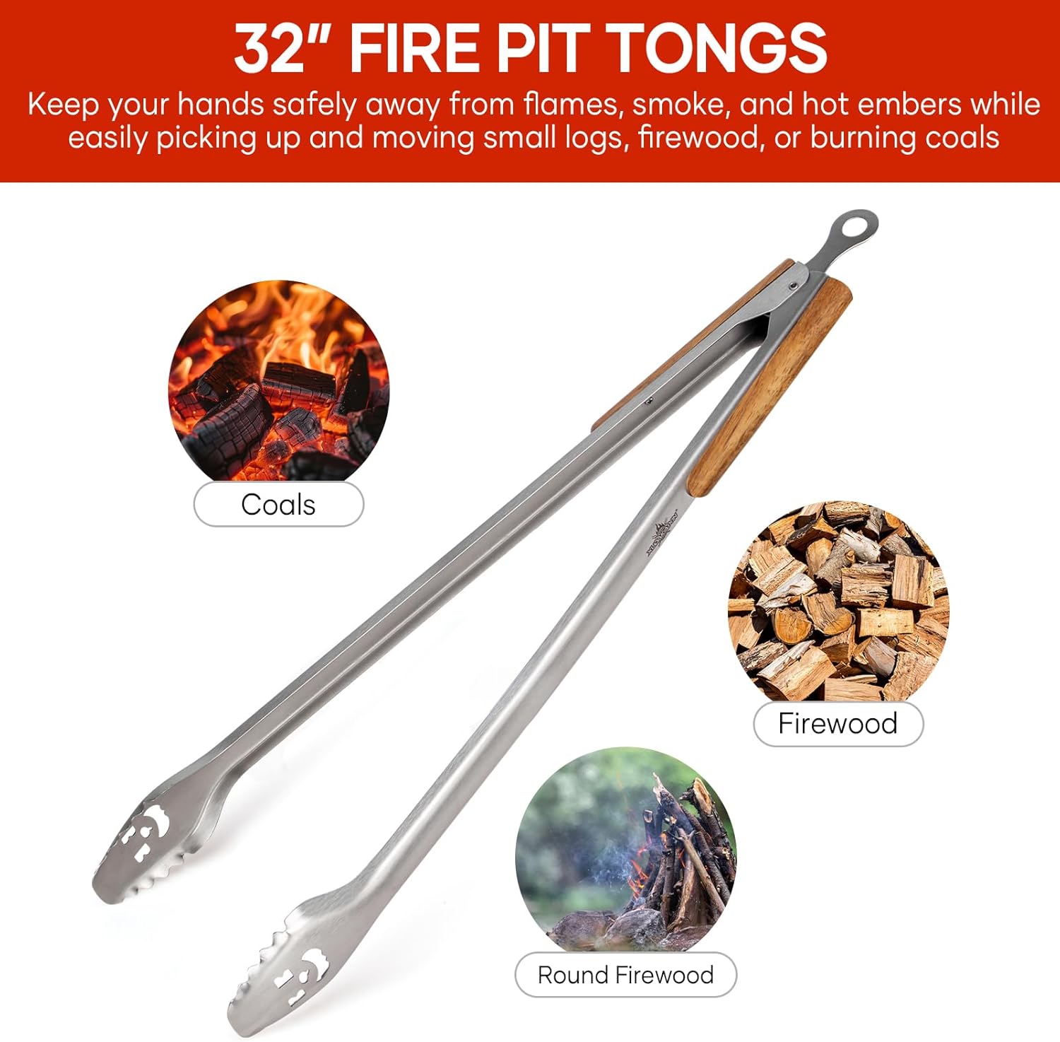XUDAKAIXIN Fire Pit Tongs 32-inch Super Long for Loading Wood,BBQ with Extended Luxurious Acacia Handle for Fire Pits, Fire Rings,Campfires, and Fireplaces, Outdoor or Indoor ﻿