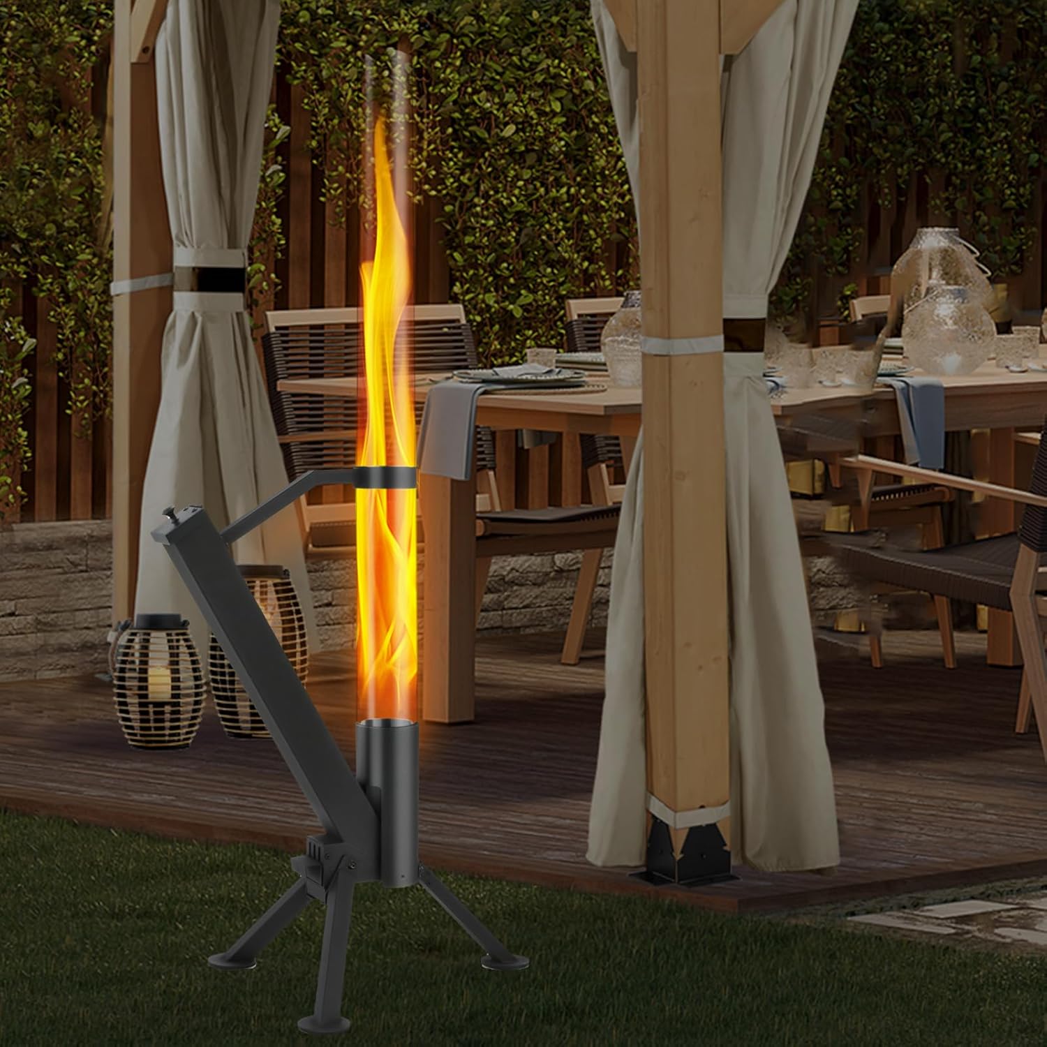 StarEcho Wood Pellet Patio Heater for Outdoor,Portable Patio Pellet Fire Rocket,Glass Tube for Yard,Wood Fire Pit with Party (Black)