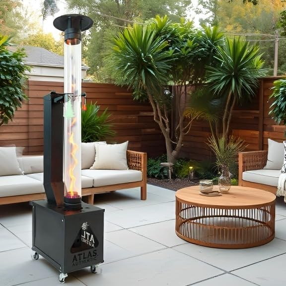 Atlas Authentic Wood Pellet Patio Heater – Smokeless Flame, Portable with Wheels, Easy Cleanout – Durable, Modern Look for Home, Garden & Camping