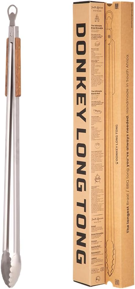 Donkey Long Tong BBQ Tongs 32 inch Extra Long Grill Tongs - - Stainless Steel, Locking Tongs, Bottle Opener, Wooden Handles, Premium Tongs
