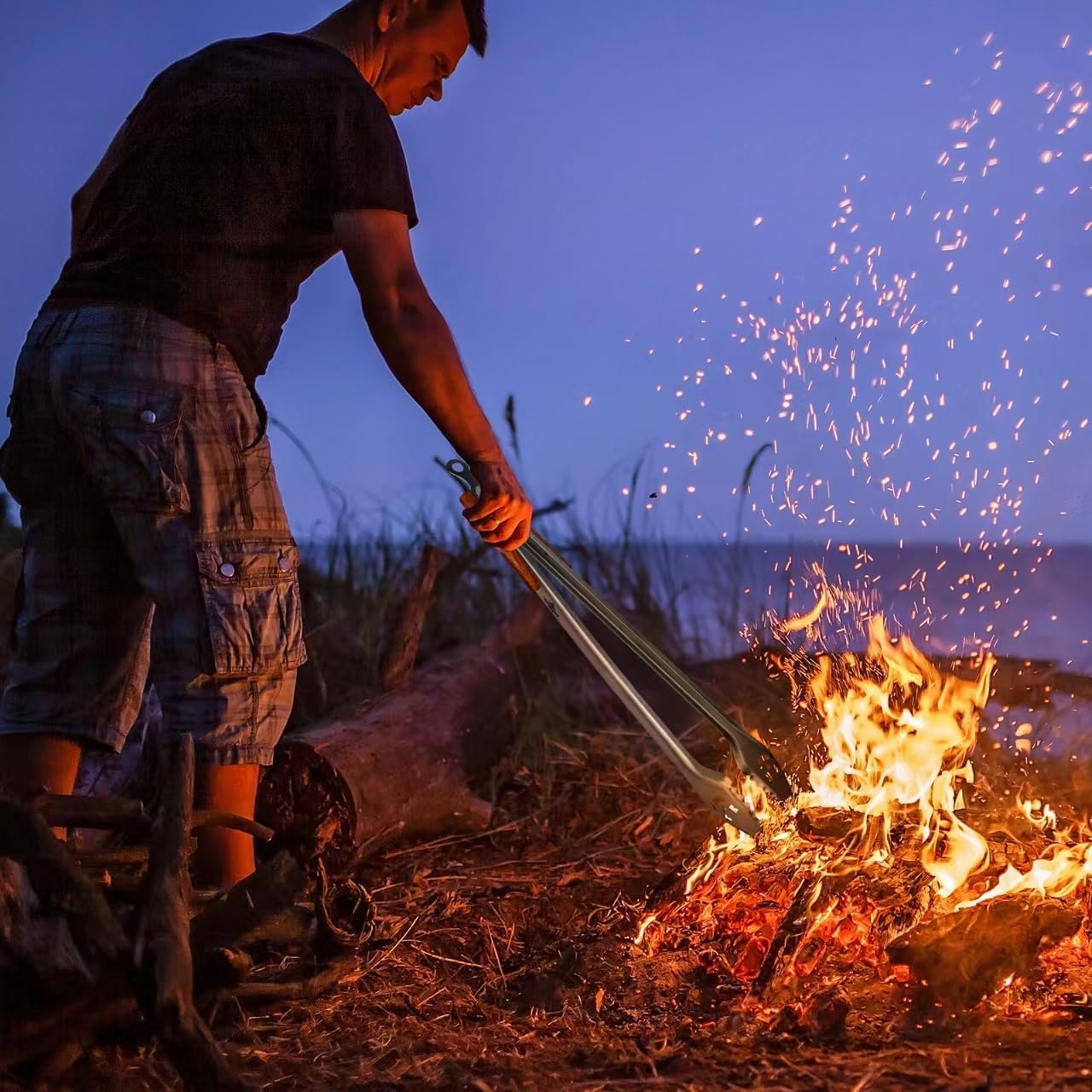 XUDAKAIXIN Fire Pit Tongs 32-inch Super Long for Loading Wood,BBQ with Extended Luxurious Acacia Handle for Fire Pits, Fire Rings,Campfires, and Fireplaces, Outdoor or Indoor ﻿