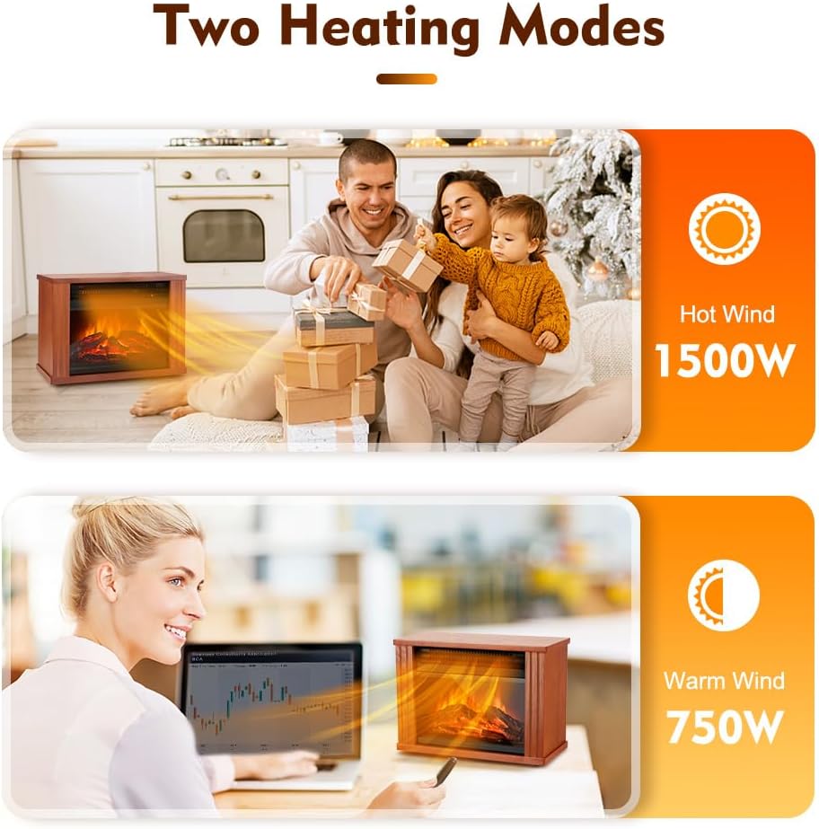 Small Electric Fireplace Heater, LifePlus Mini Wooden Space Tabletop Fireplace with 3D Realistic Flame Effect, Cool and Safe to Touch, Perfect for Study Bedroom Office, Overheating Protection, 1500W