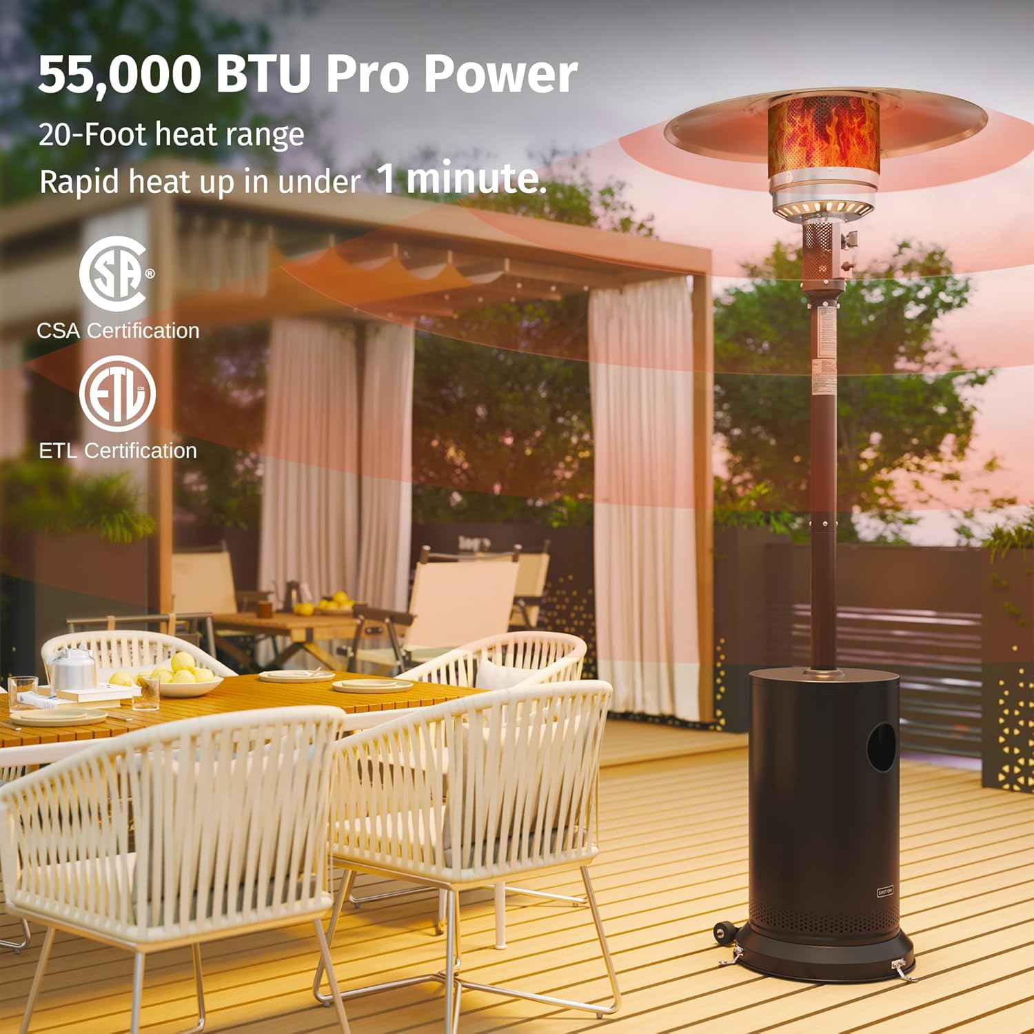 EAST OAK 50,000 BTU Patio Heater for Outdoor Use with Round Table Design, Double-Layer Stainless Steel Burner, Wheels, Triple Protection System, Outdoor Heater for Home and Residential, Black