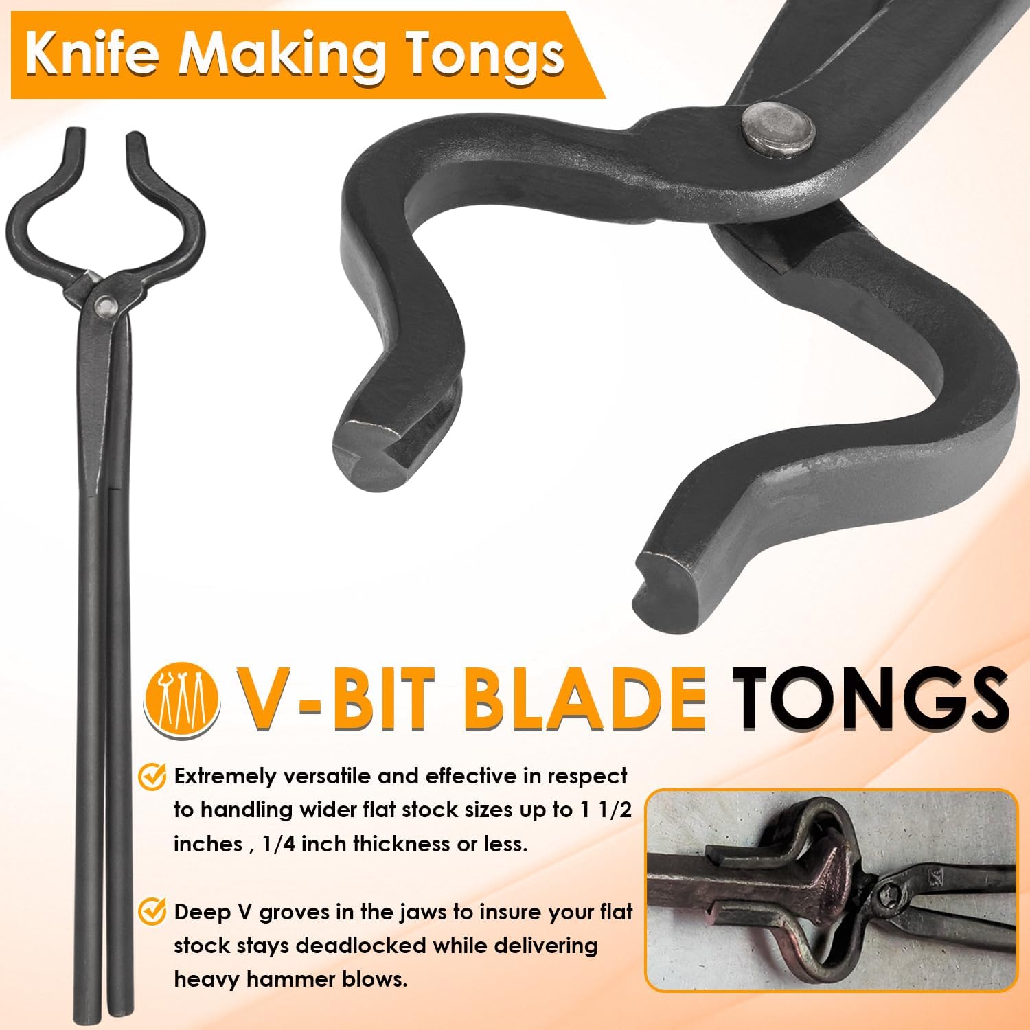 Blacksmith Tongs Knife Making Tongs Set 1/4 Flat Jaw, Pick Up, Scroll Tongs & 3/8 1/2 5/8 V-Bit Assembled Bladesmith Steel Forge Tongs Anvil Blacksmithing Tongs (6 Tongs)