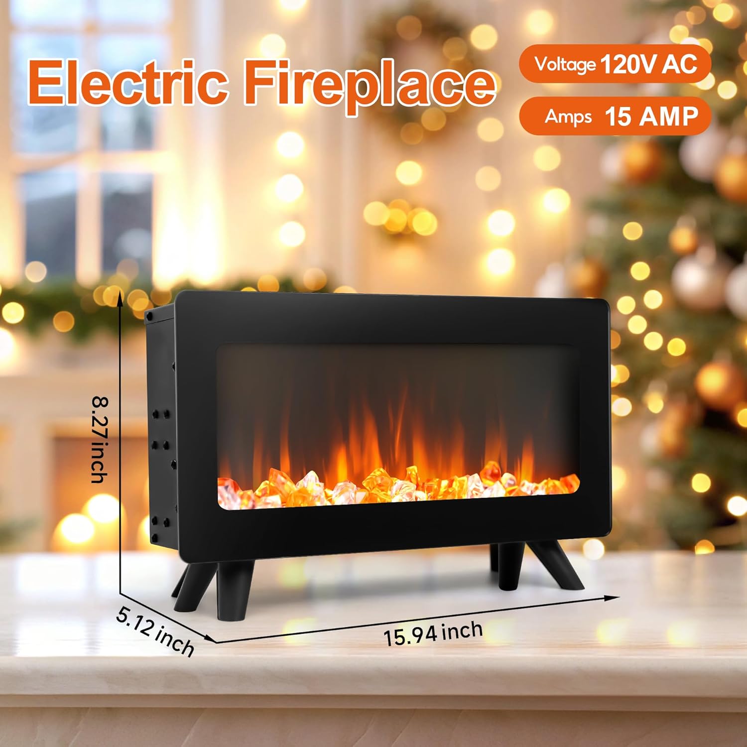 16 Small Electric Fireplace Heater - Desk Space Heater with Realistic Led 3D Flames, Freestanding Fire Places Electric Fireplace Heater for Indoor Use, 750 | 1500w, Overheating Protection