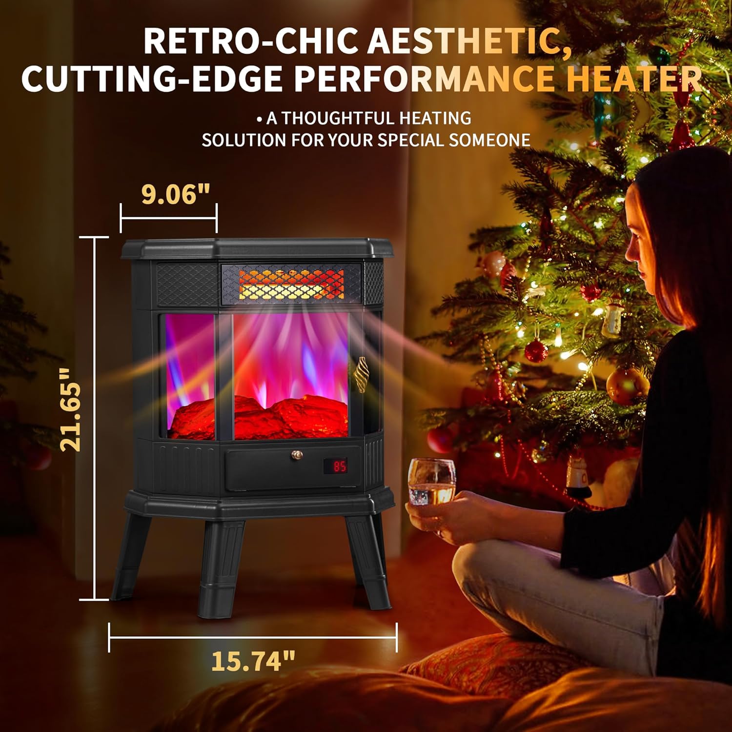 Electric Fireplace Heater 22 in Freestanding Fireplace Stove Infrared Fireplace RealSmart with 3D Flame Effect Remote Control, Timer, Overheating Protection Heater for Indoor Use Black