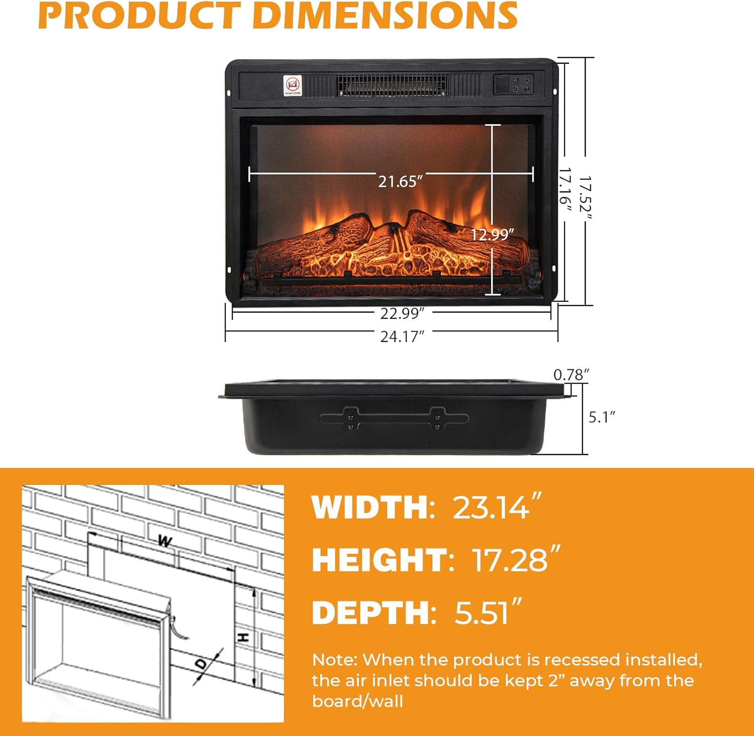 Tangkula 18 Inches Electric Fireplace Insert, Recessed 1400 W Electric Fireplace w/Adjustable Flame & Heat, Built-in Timer & Thermostat, Control Panel & Remote and Overheat Protection, Black
