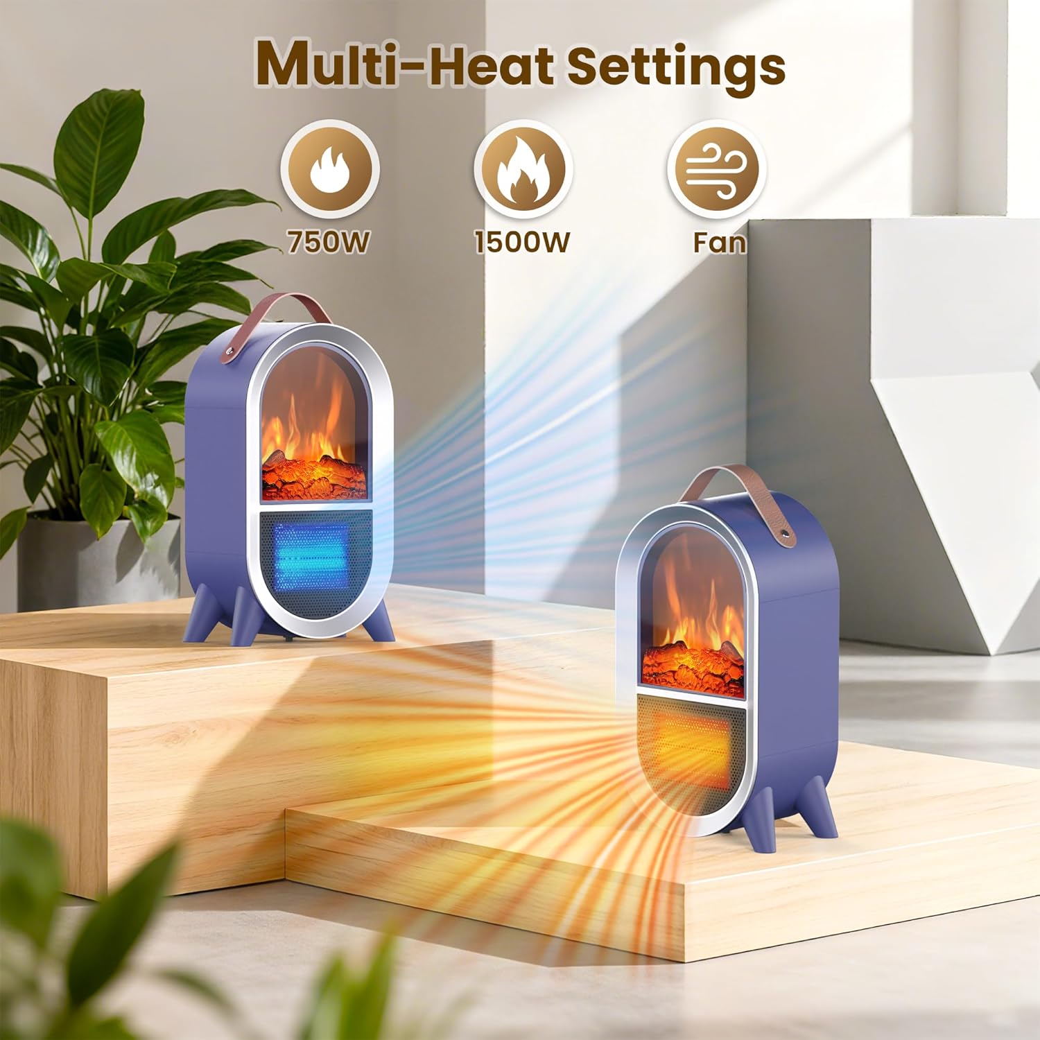 Riseon Portable Electric Fireplace Heater, 1500W/750W Mini Space Heater for Indoor Use with 3D Flame, Thermostat, Carry Handle, Overheat & Tipover Protection, for Home Office Bedroom Desk, Black