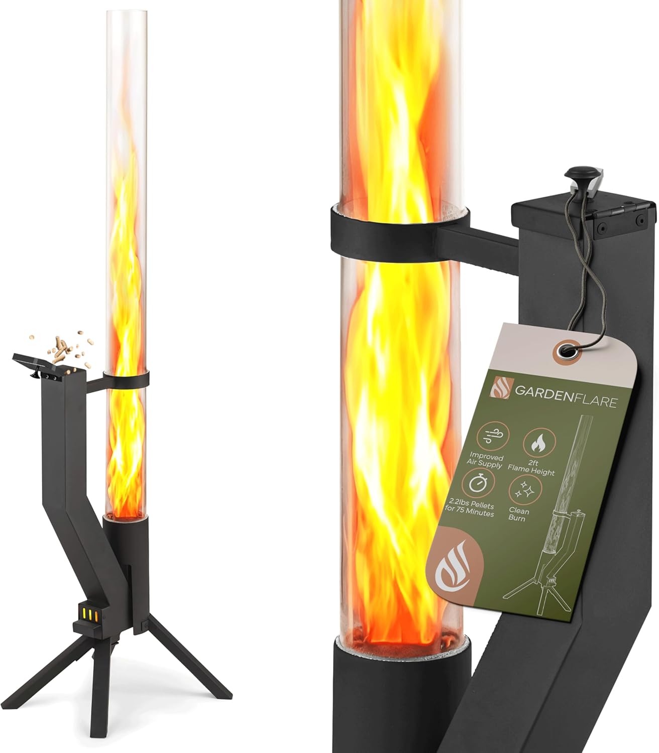 GARDENFLARE Smokeless Fire Pit - Outdoor Wood Pellet Fire Tube Stainless Steel firepit for Ambience Fire on Your Backyard, Patio, Porch & Garden (Matte Black, Classic)