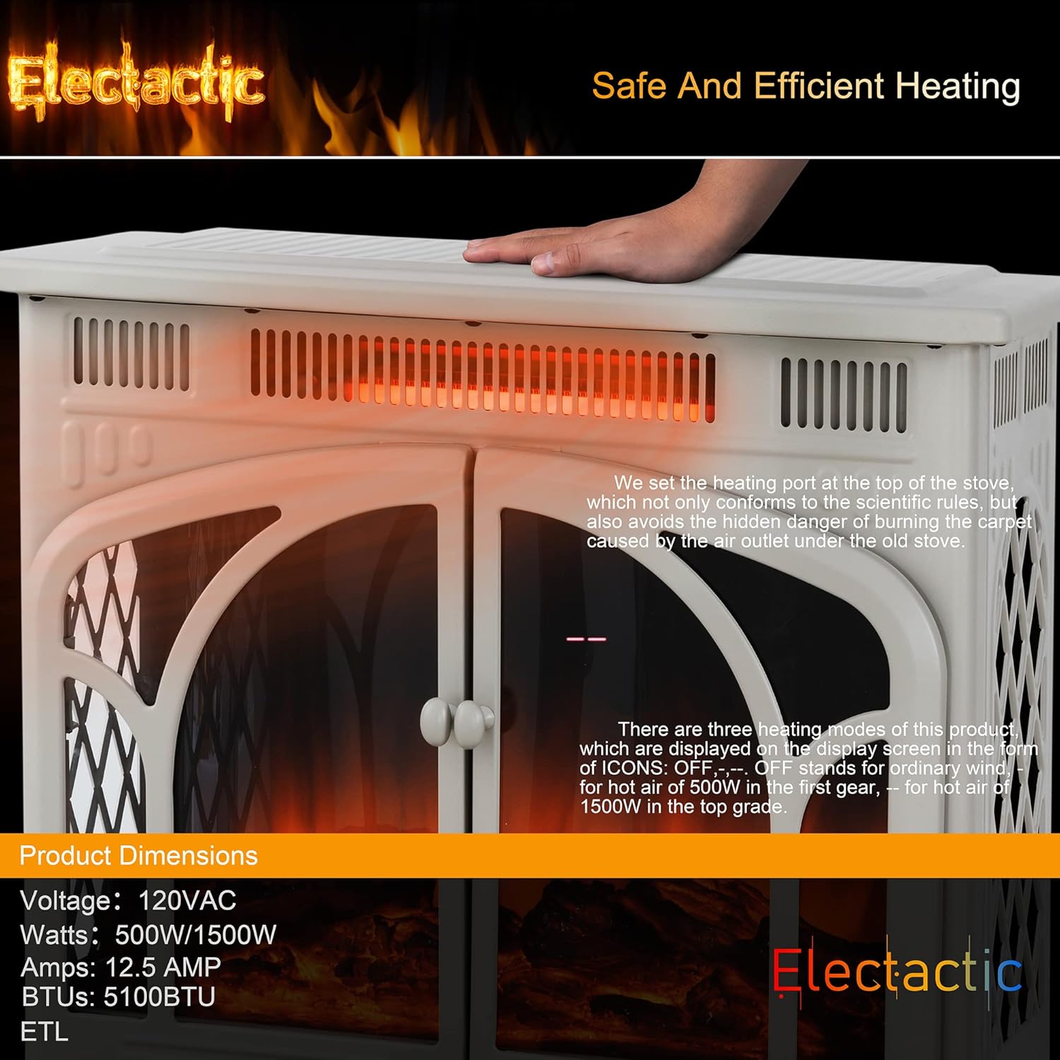 Electactic 24Inch Electric Fireplace Stove , Free-Standing Infrared Fireplace Stove, Controllable 3D Flame, 4 Variable Flame&Log Colors, 1500w, 5100BTU, Black (S230B-BLACK), 23.5L X 10.7W X 24.3H