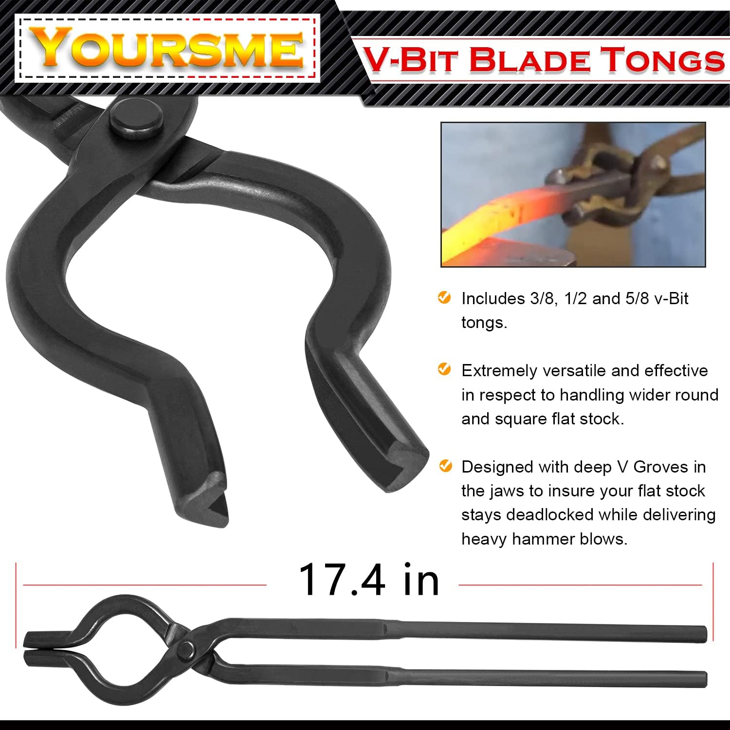 Blacksmith Tongs Knife Making Tongs Set 1/4 Flat Jaw, Pick Up, Scroll Tongs & 3/8 1/2 5/8 V-Bit Assembled Bladesmith Steel Forge Tongs Anvil Blacksmithing Tongs (6 Tongs)