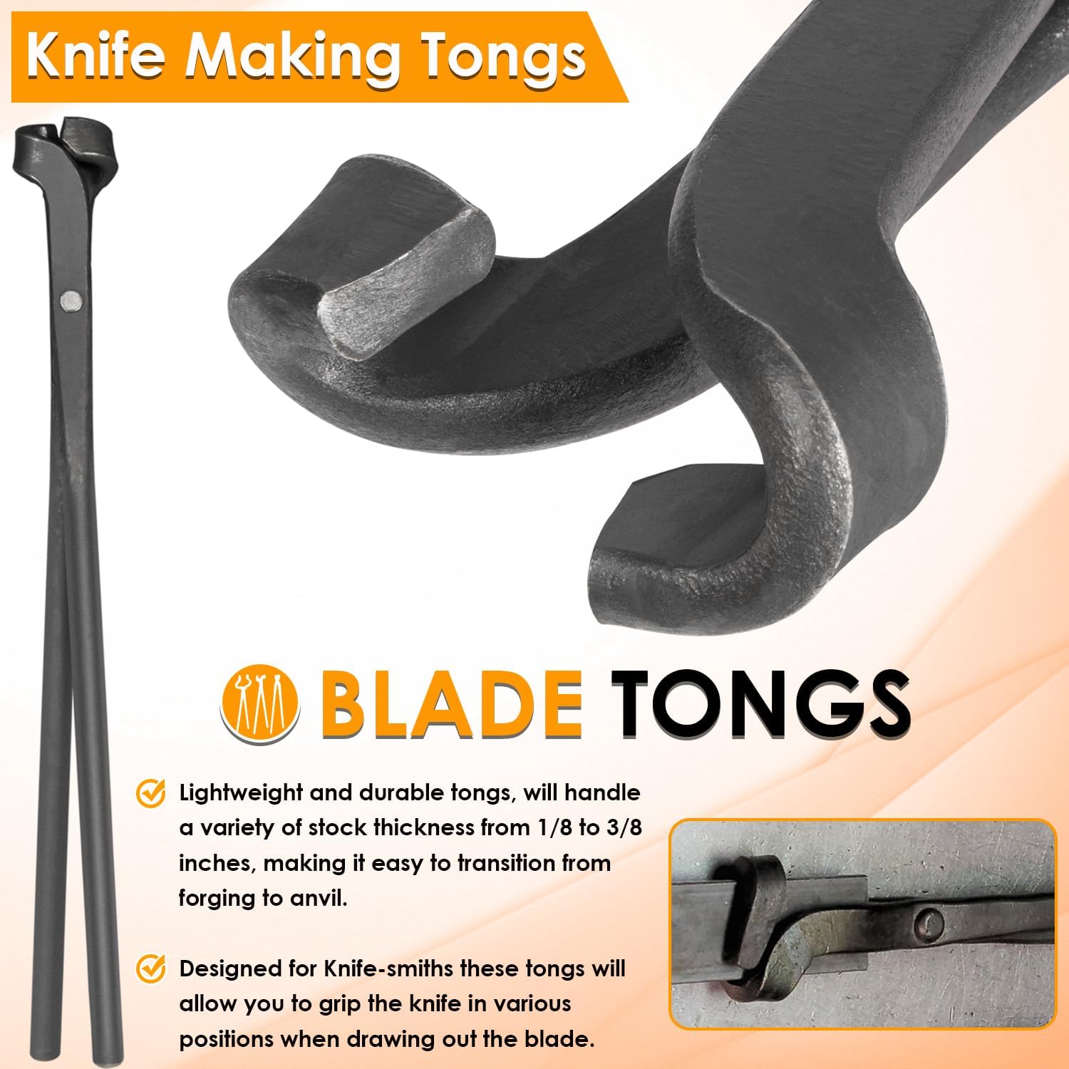Blacksmith Tongs Knife Making Tongs Set 1/4 Flat Jaw, Pick Up, Scroll Tongs & 3/8 1/2 5/8 V-Bit Assembled Bladesmith Steel Forge Tongs Anvil Blacksmithing Tongs (6 Tongs)