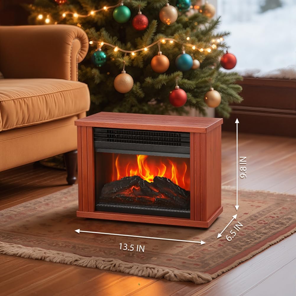 Small Electric Fireplace Heater, LifePlus Mini Wooden Space Tabletop Fireplace with 3D Realistic Flame Effect, Cool and Safe to Touch, Perfect for Study Bedroom Office, Overheating Protection, 1500W