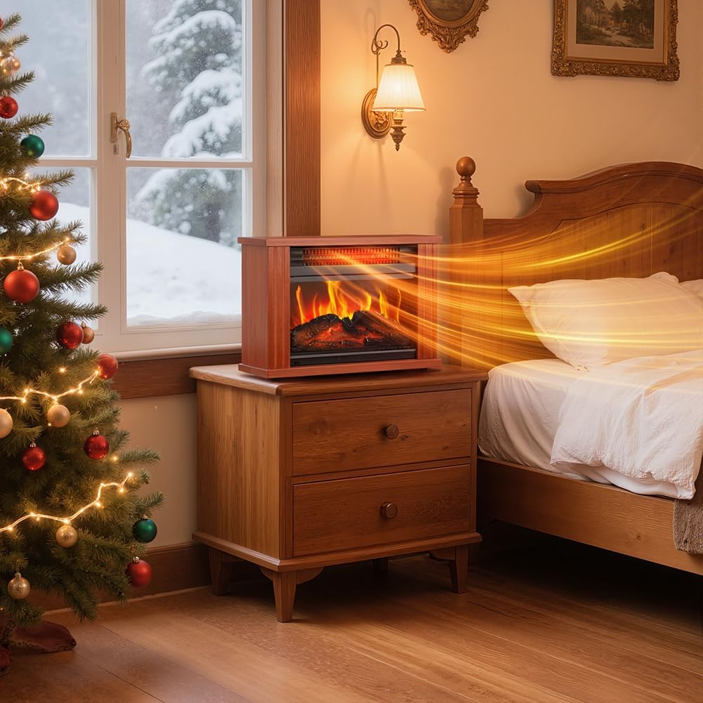 Small Electric Fireplace Heater, LifePlus Mini Wooden Space Tabletop Fireplace with 3D Realistic Flame Effect, Cool and Safe to Touch, Perfect for Study Bedroom Office, Overheating Protection, 1500W