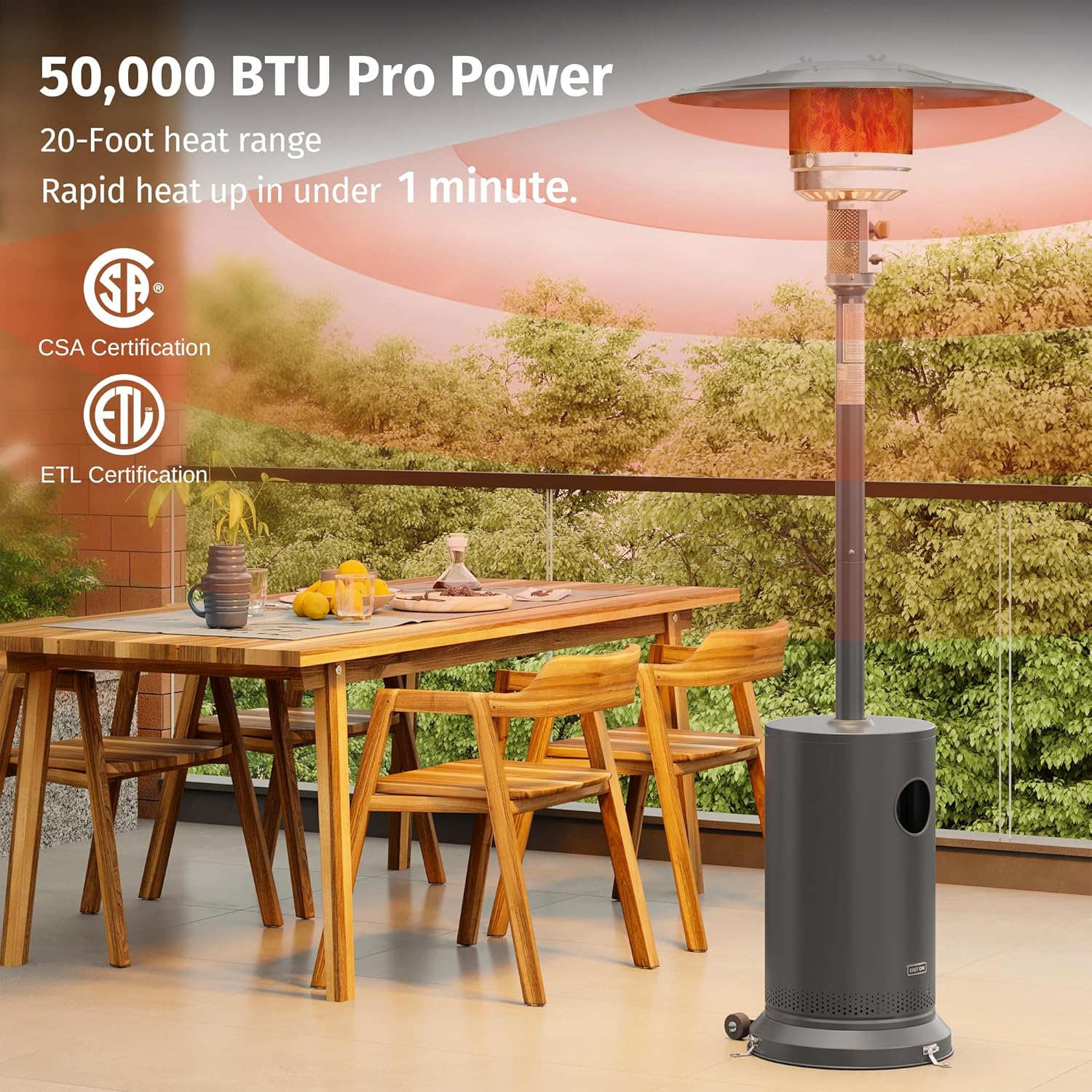 EAST OAK 50,000 BTU Patio Heater for Outdoor Use with Round Table Design, Double-Layer Stainless Steel Burner, Wheels, Triple Protection System, Outdoor Heater for Home and Residential, Black