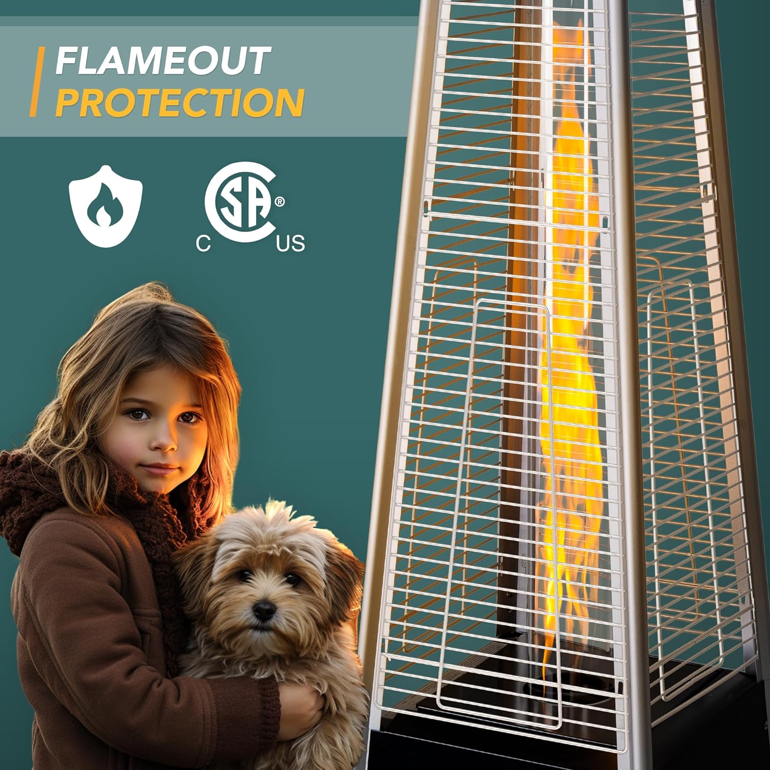 Pamapic Patio Heater with Cover, 48,000 BTU Pyramid Flame Outdoor Heater Quartz Glass Tube 87 Propane Heater
