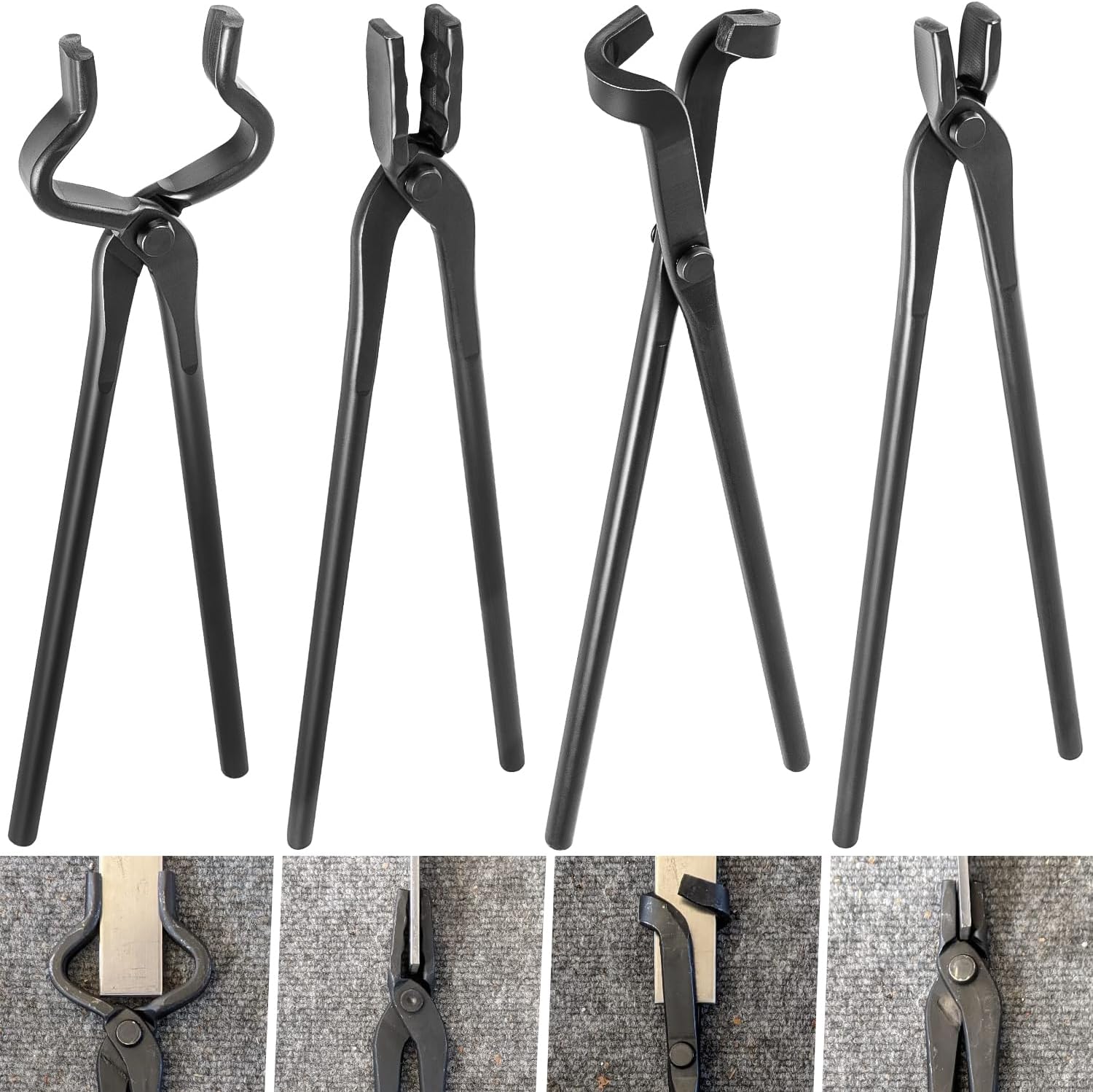Blacksmith Tongs Knife Making Tongs Set 1/4 Flat Jaw, Pick Up, Scroll Tongs & 3/8 1/2 5/8 V-Bit Assembled Bladesmith Steel Forge Tongs Anvil Blacksmithing Tongs (6 Tongs)