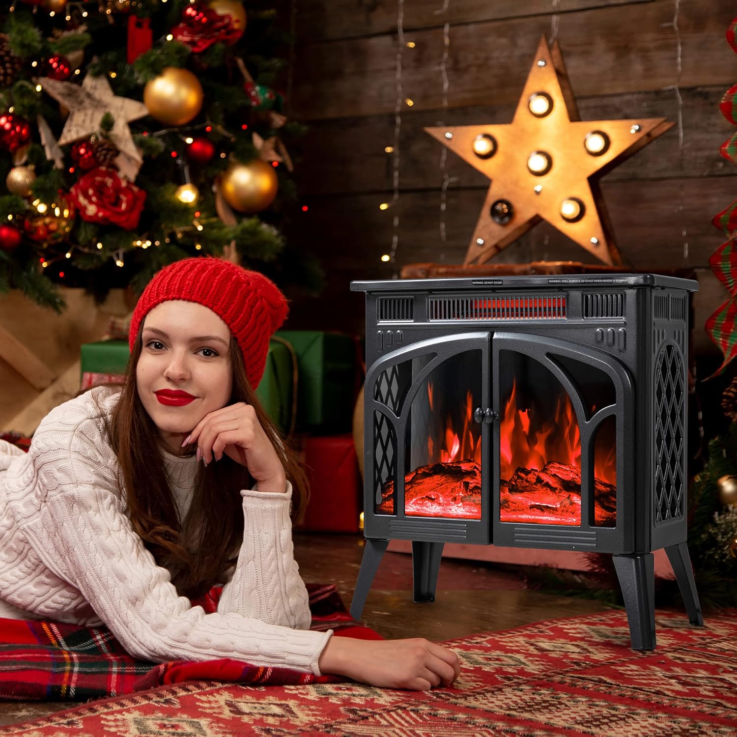 Electactic 24Inch Electric Fireplace Stove , Free-Standing Infrared Fireplace Stove, Controllable 3D Flame, 4 Variable Flame&Log Colors, 1500w, 5100BTU, Black (S230B-BLACK), 23.5L X 10.7W X 24.3H