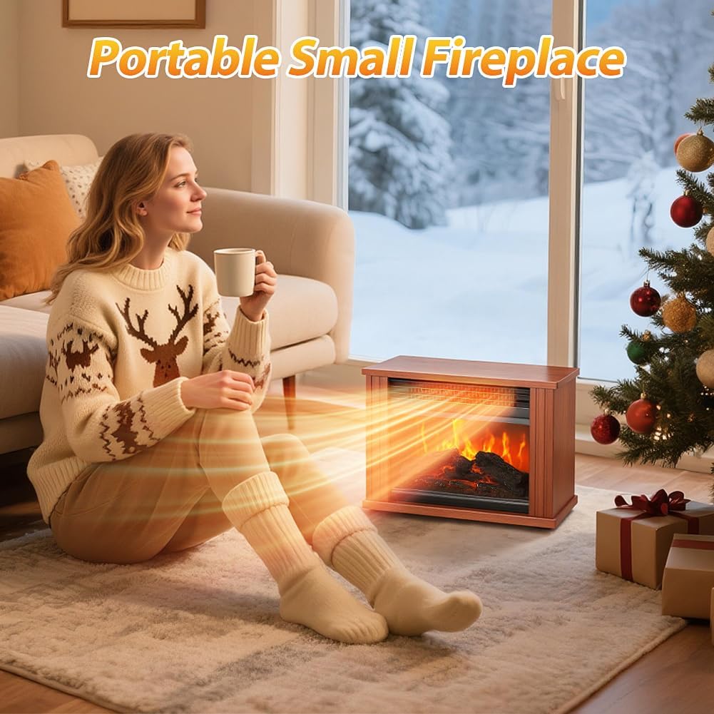 LifePlus Electric Fireplace Heater, Portable Wood Fireplace Stove with 3D Realistic Dancing Flame Effect, Tabletop Fireplace Space Heater Overheat Protection for Indoor Use Bedroom Office,1500W