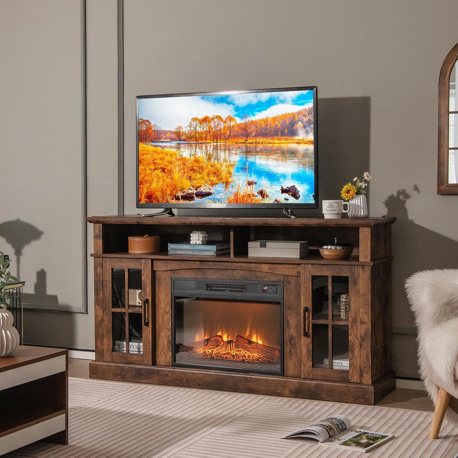 Tangkula 18 Inches Electric Fireplace Insert, Recessed 1400 W Electric Fireplace w/Adjustable Flame & Heat, Built-in Timer & Thermostat, Control Panel & Remote and Overheat Protection, Black