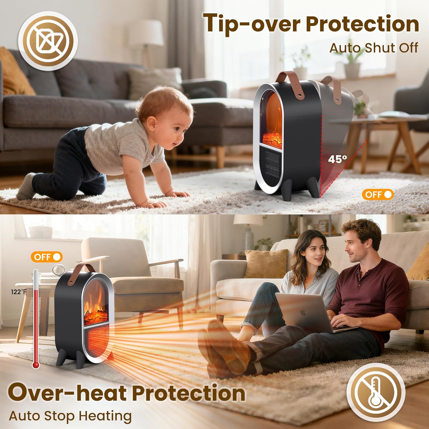 Riseon Portable Electric Fireplace Heater, 1500W/750W Mini Space Heater for Indoor Use with 3D Flame, Thermostat, Carry Handle, Overheat & Tipover Protection, for Home Office Bedroom Desk, Black