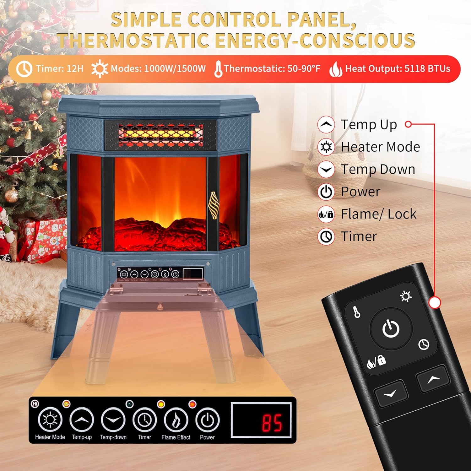 Electric Fireplace Heater 22 in Freestanding Fireplace Stove Infrared Fireplace RealSmart with 3D Flame Effect Remote Control, Timer, Overheating Protection Heater for Indoor Use Black