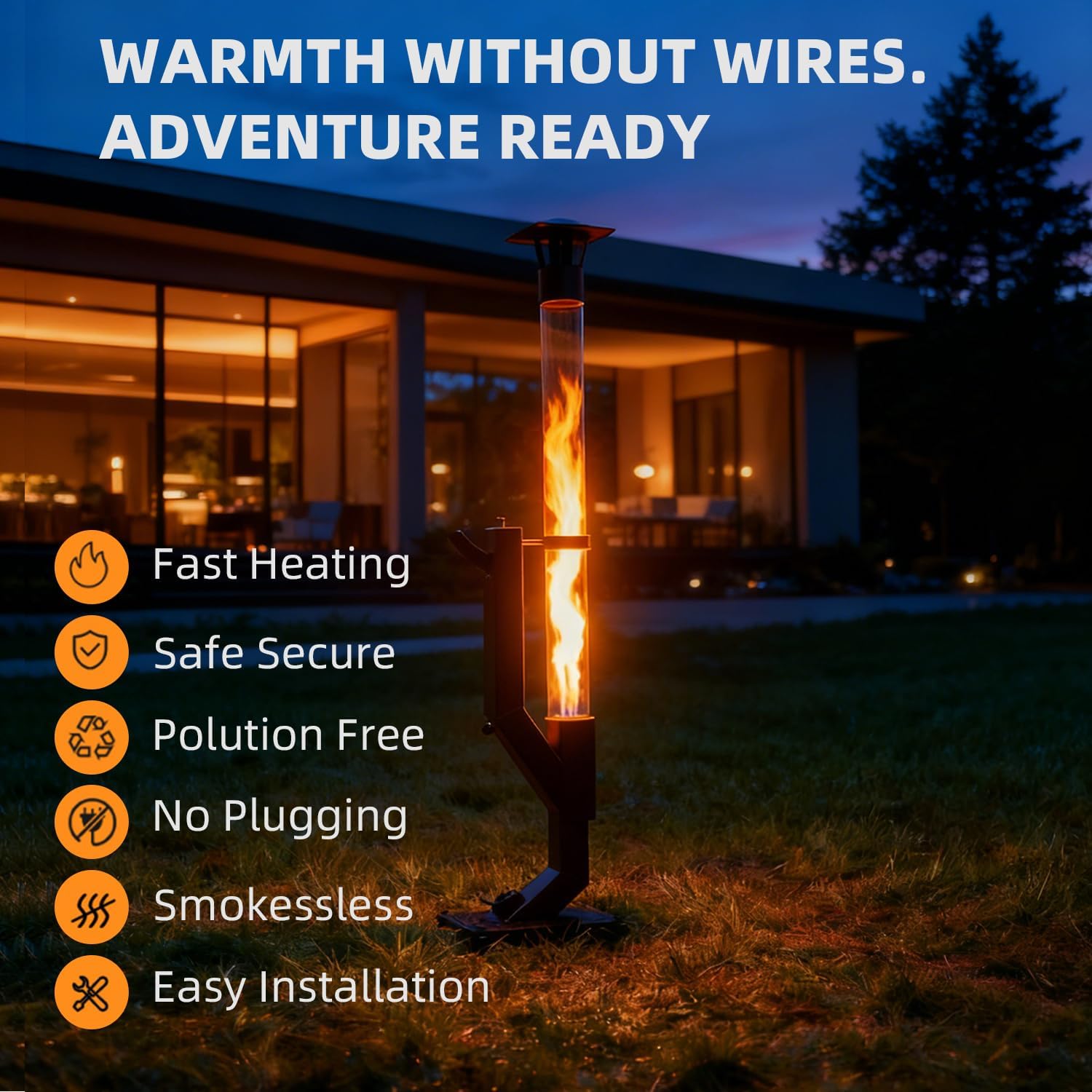 Eco Flame Smokeless Wood Pellet Fire Pit & Patio Heater, Portable Outdoor Rocket Stove with Glass Tube and Ash Tray for Backyard, Camping, Beach, Garden - Stainless Steel Classic