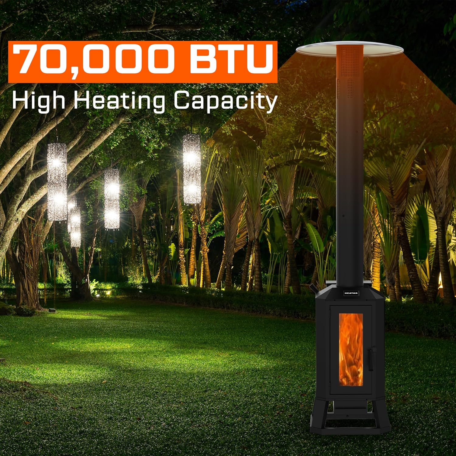 70,000 BTU Wood Pellet Outdoor Patio Heater with Glass Viewing Window – Pellet Heaters for Outdoor Use, Home, Gardens & Commercial - Portable with Wheels – Black