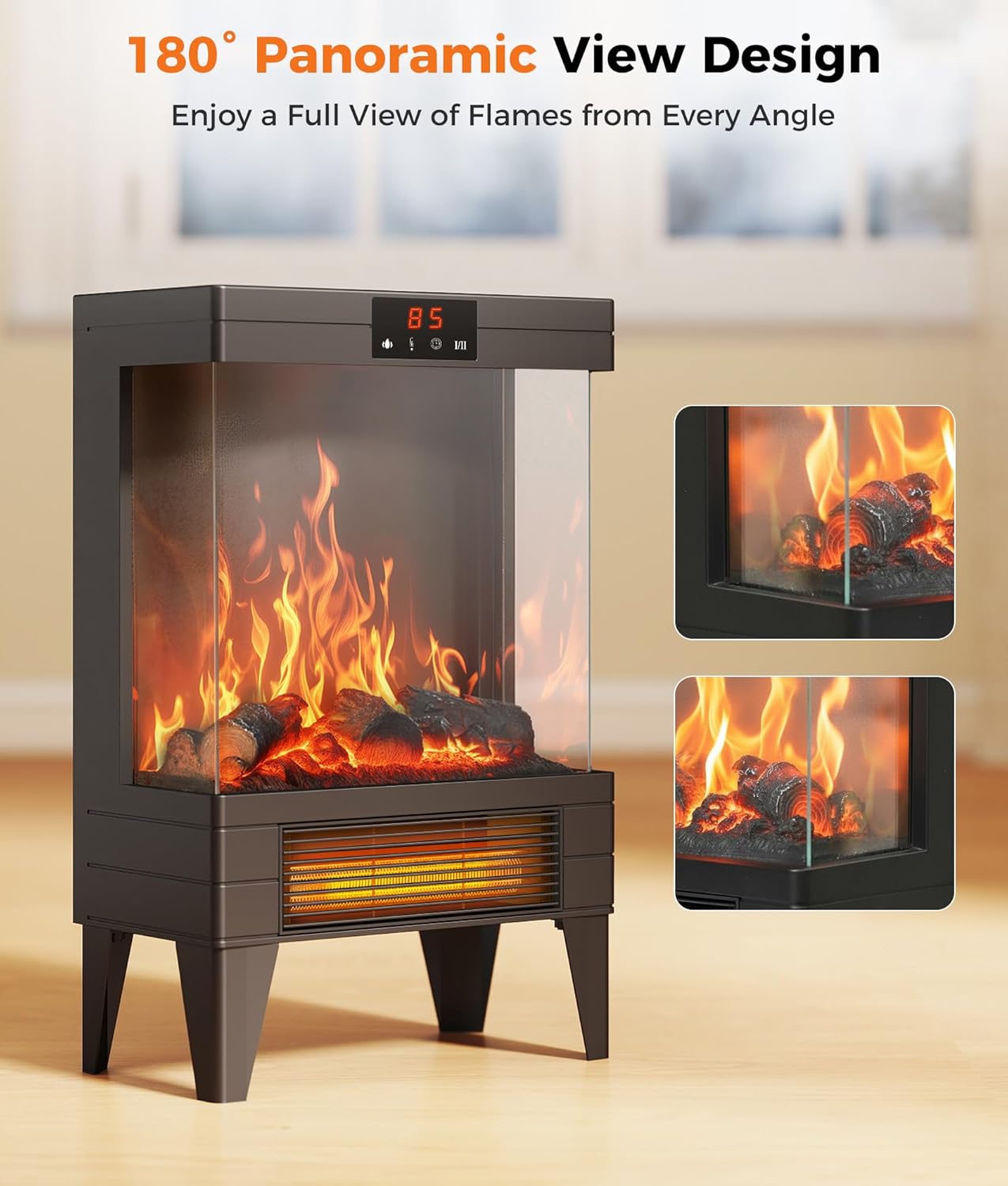 Oylus Electric Fireplace Stove Heater - Freestanding Fireplace Heater for Indoor Use with Realistic 3D Flame, Adjustable Thermostat & Remote, Quiet, Timer for Living Room and Bedroom