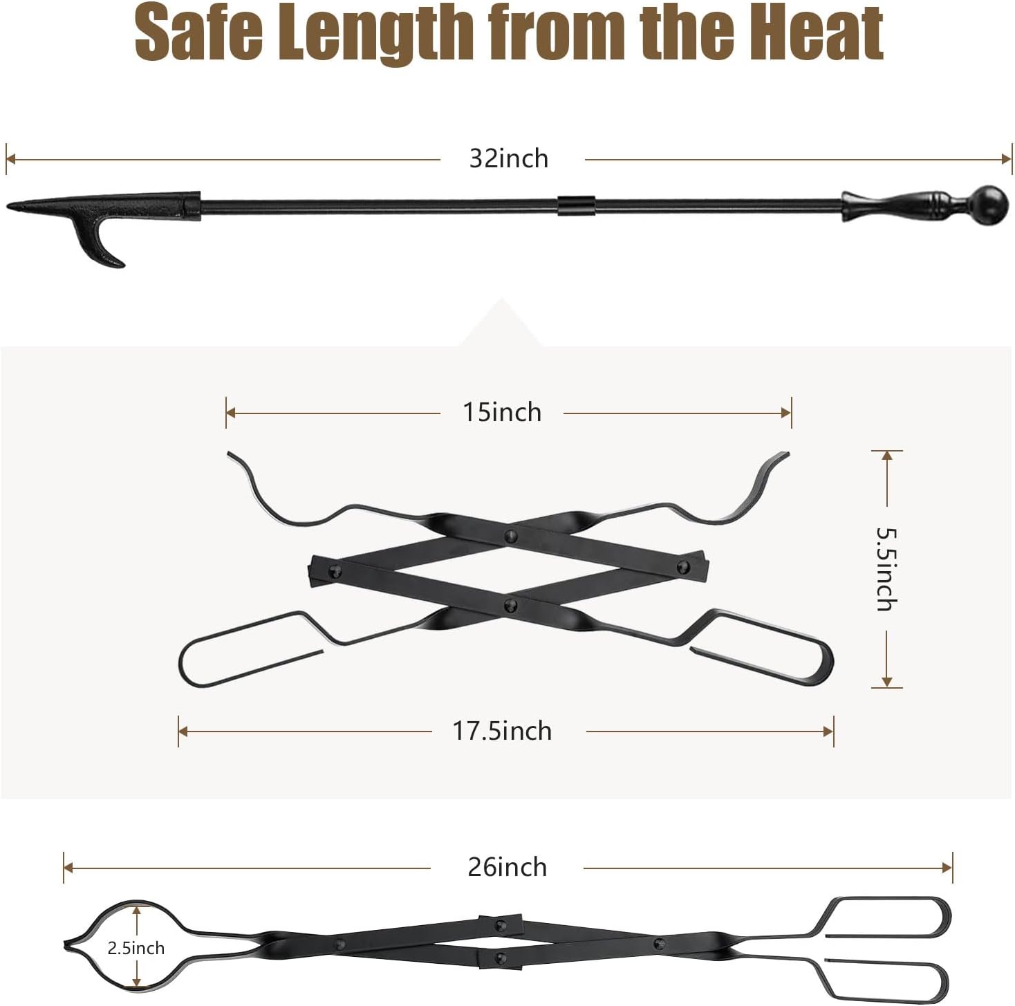 AMAGABELI GARDEN & HOME 26 Long Firewood Tongs Log Grabber for Fireplace Fire Pit Campfire Bonfire for up 12'' Thick Logs Heavy Duty Wrought Iron Outside Outdoor Indoor Wood Stove Fire Place Tools