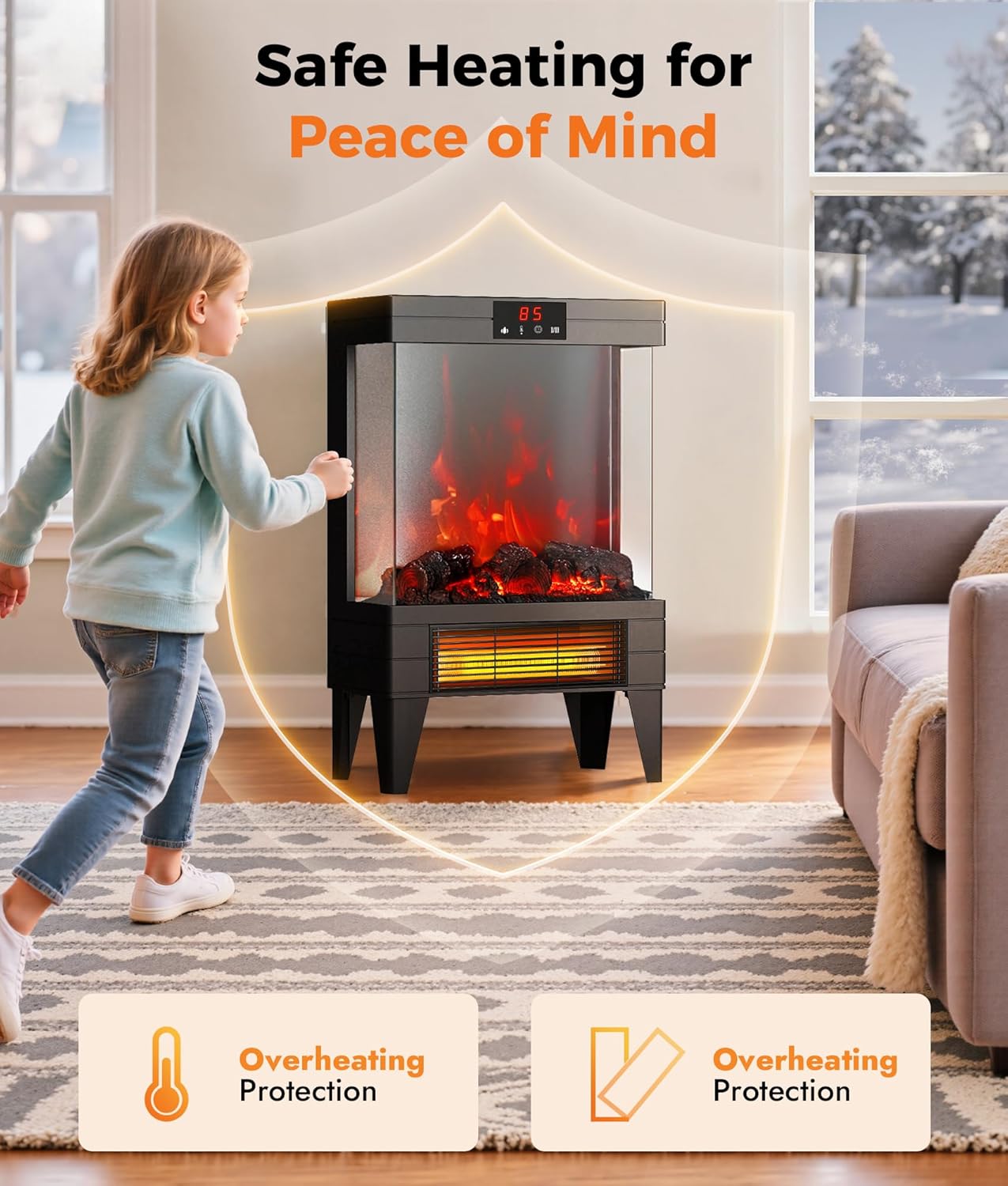Oylus Electric Fireplace Stove Heater - Freestanding Fireplace Heater for Indoor Use with Realistic 3D Flame, Adjustable Thermostat & Remote, Quiet, Timer for Living Room and Bedroom