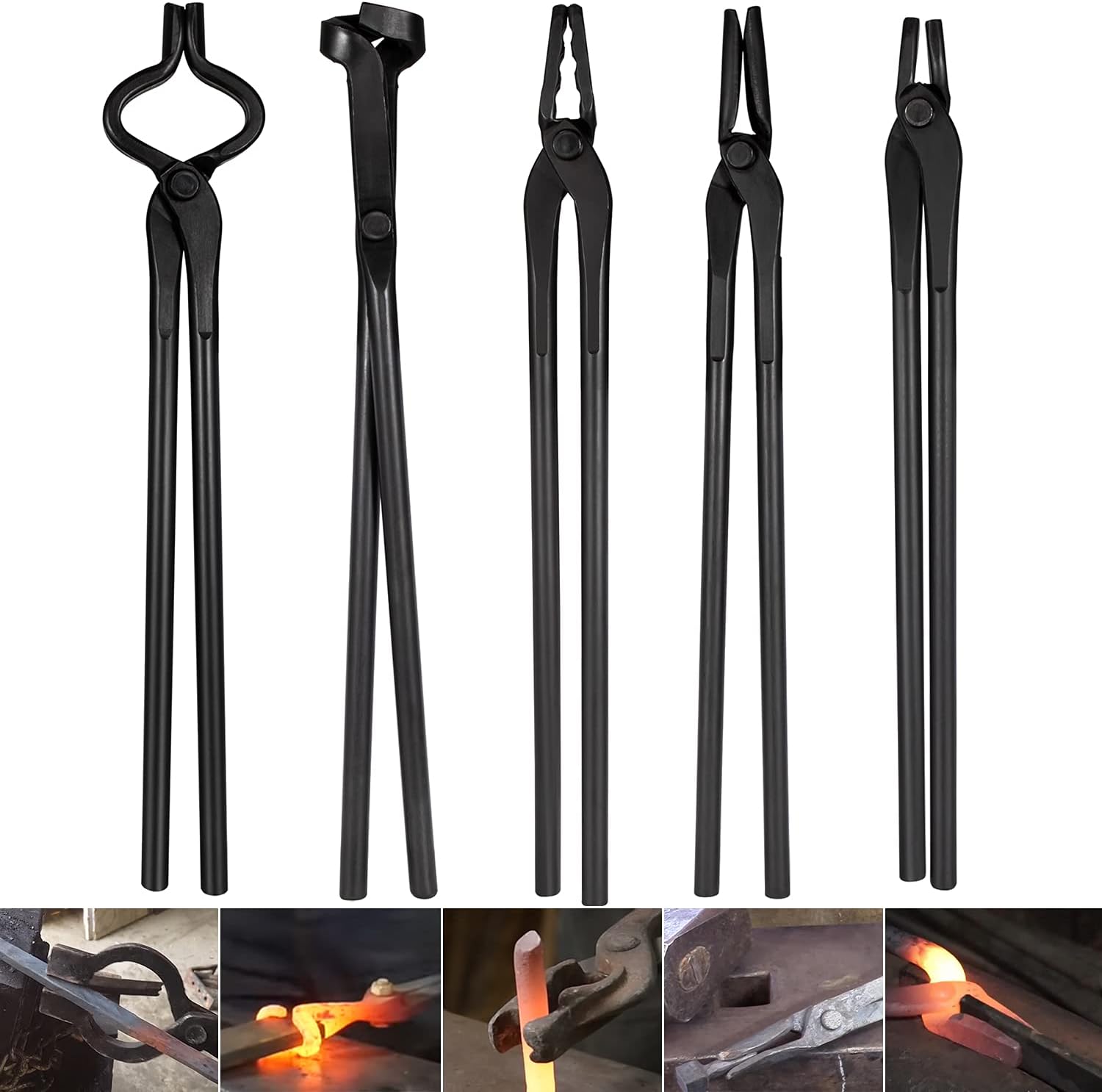 Blacksmith Tools Set - 5 Piece Tongs Kit Includes Flat, Square Jaw, Bolt, Blade, Wolf Jaw Tongs for Forging & Knife Making