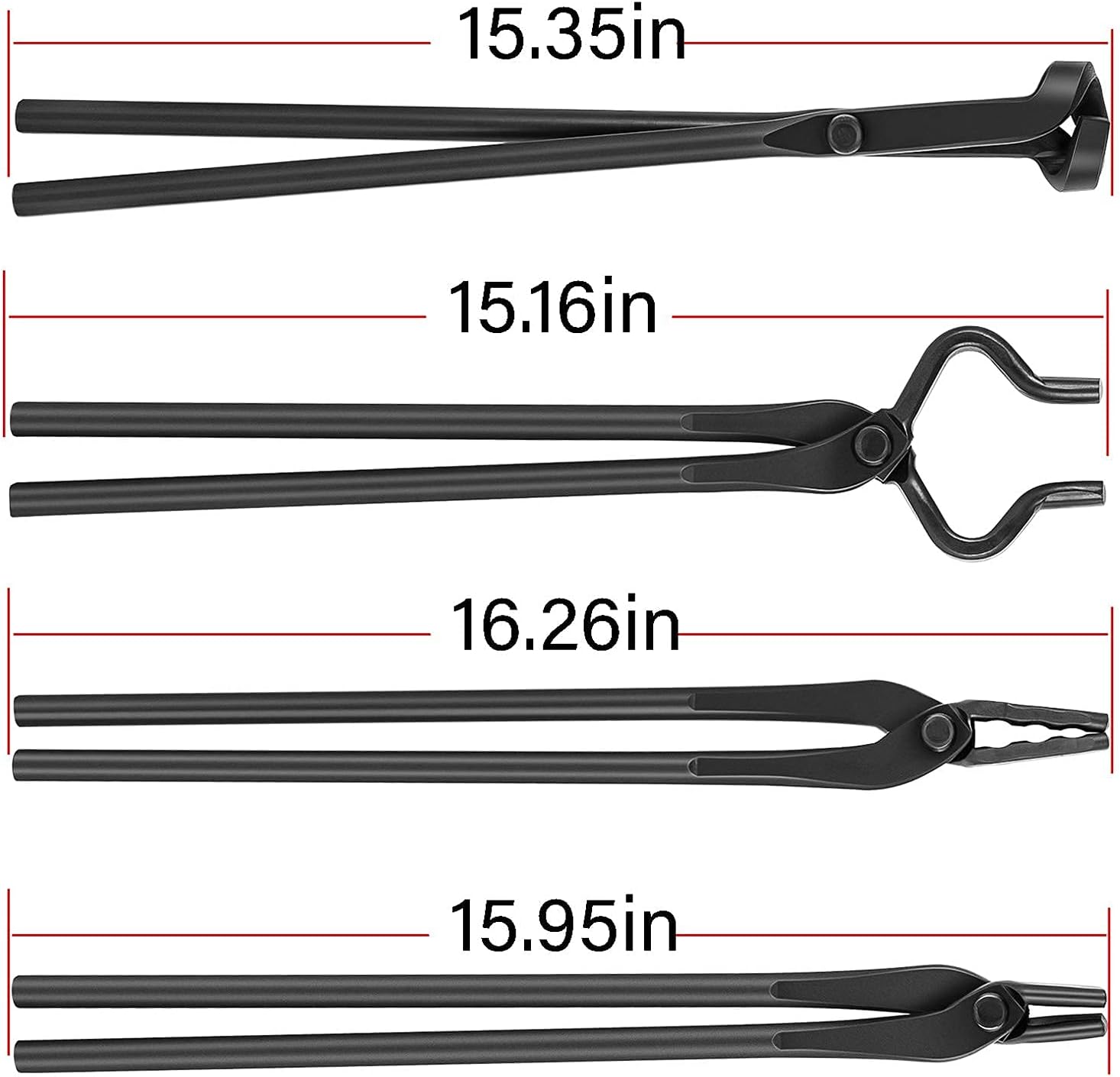 Blacksmith Tools Set - 5 Piece Tongs Kit Includes Flat, Square Jaw, Bolt, Blade, Wolf Jaw Tongs for Forging & Knife Making